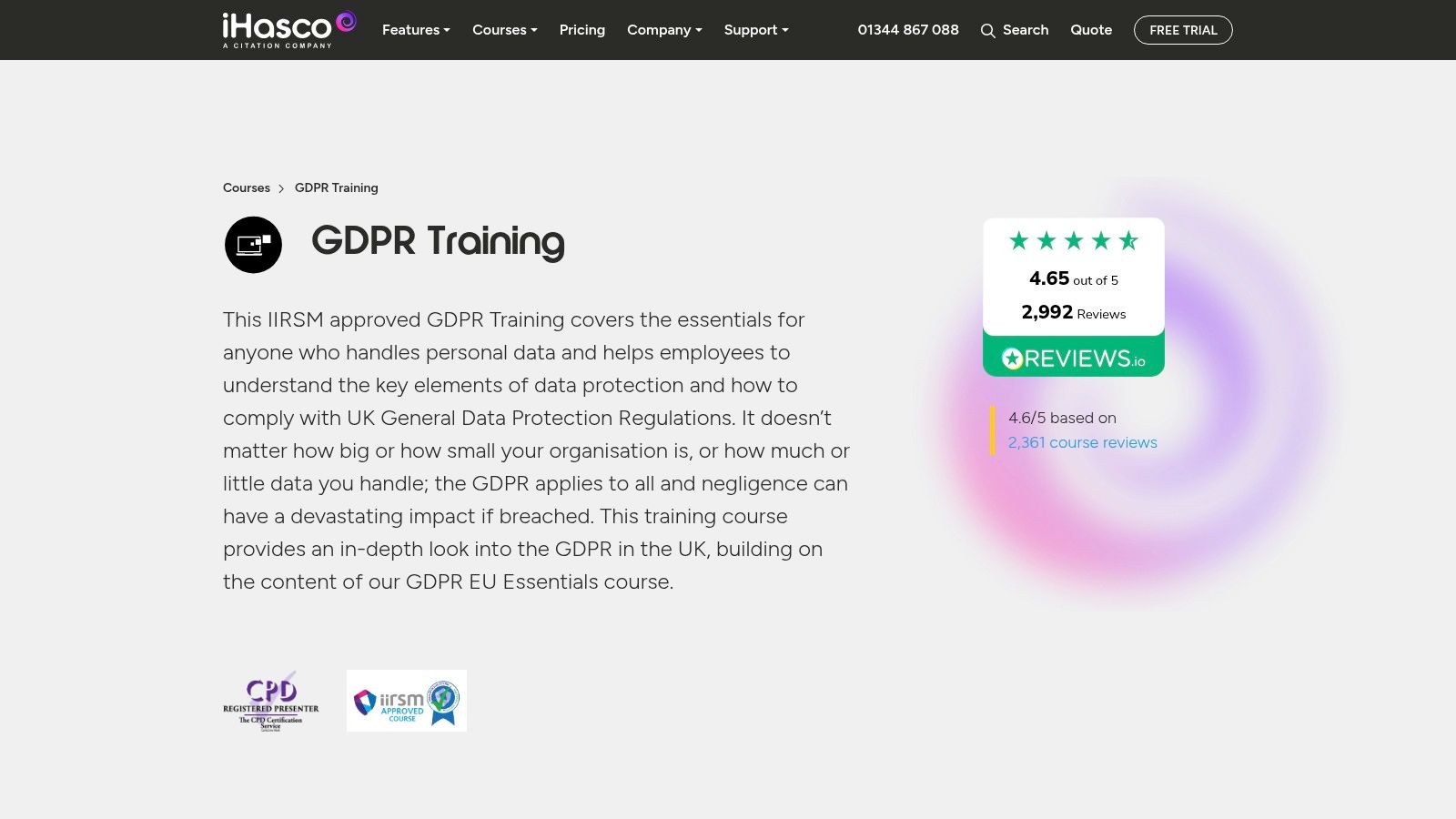 iHASCO website showing GDPR training course information.