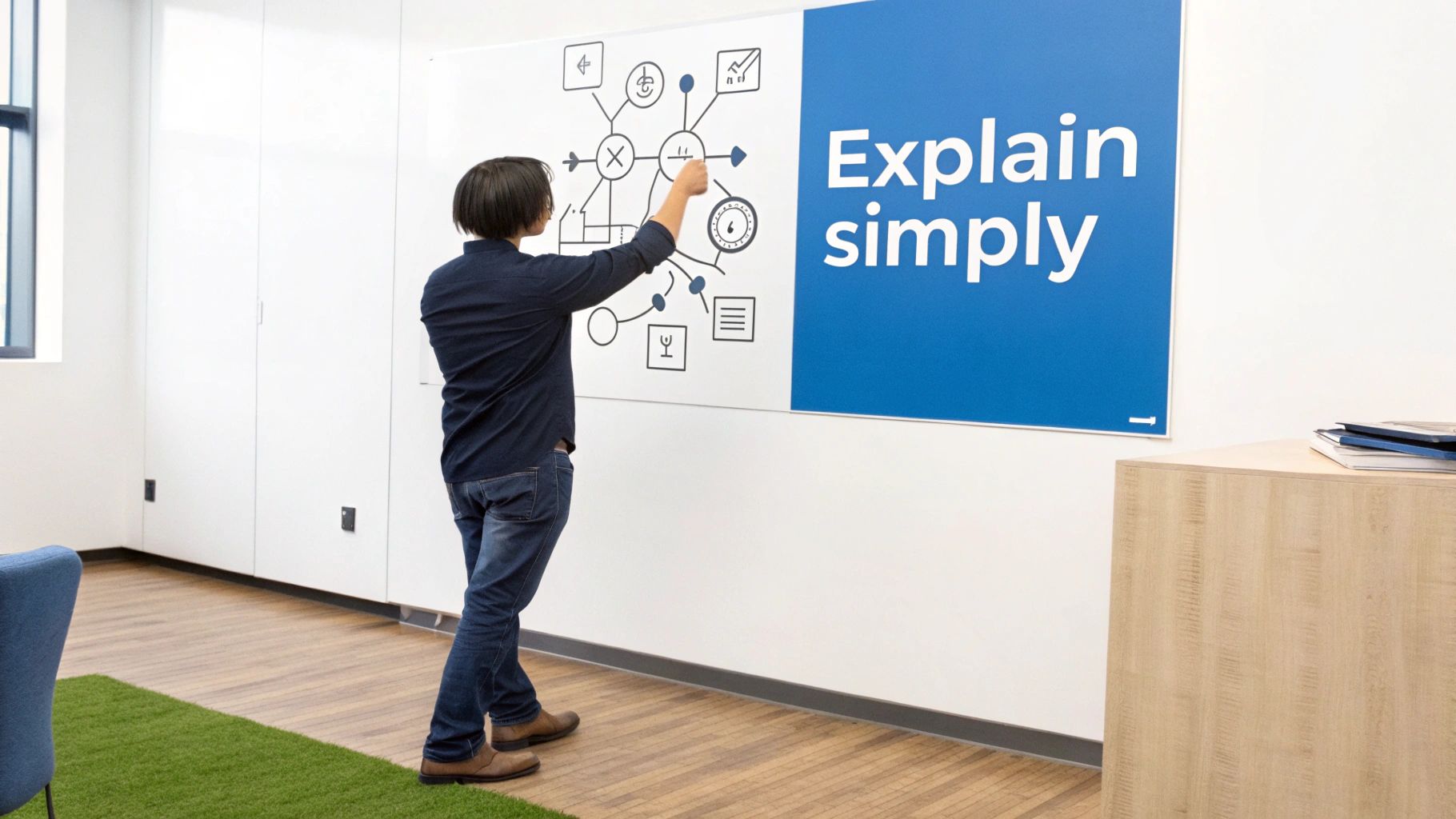 A person draws a mind map on a whiteboard next to a blue sign reading 'Explain simply'.