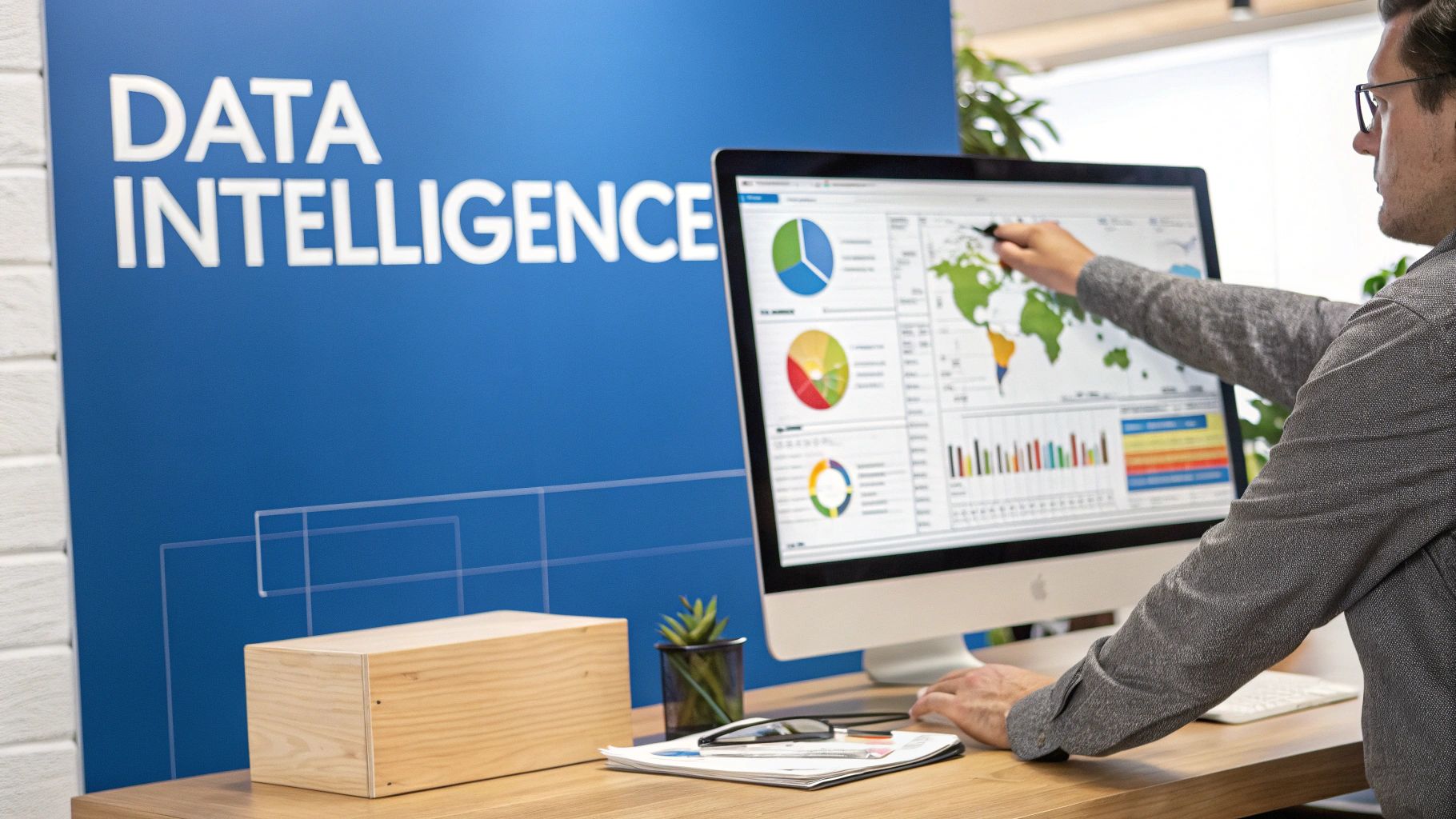 A woman analyzing financial data on a large screen