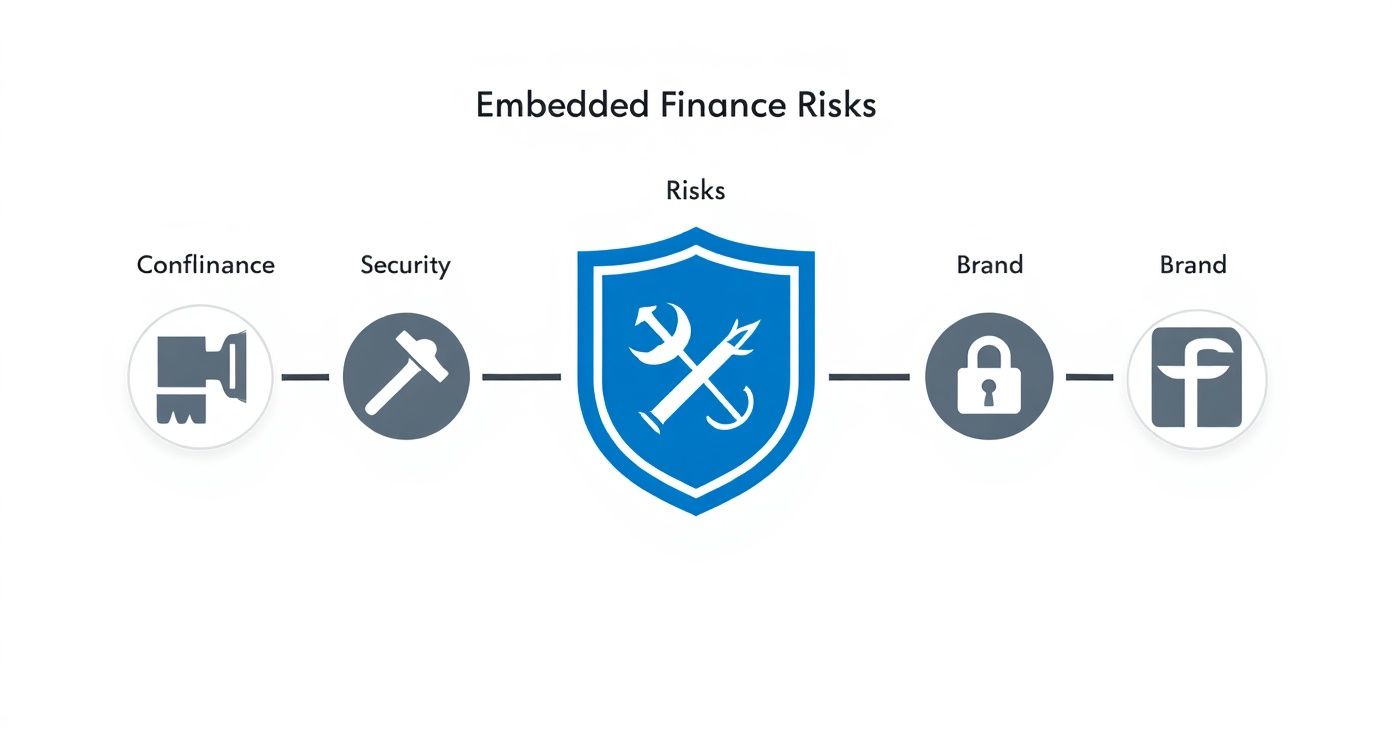 Diagram illustrating embedded finance risks including Confinance, Security, and Brand impact, centered around a shield icon.