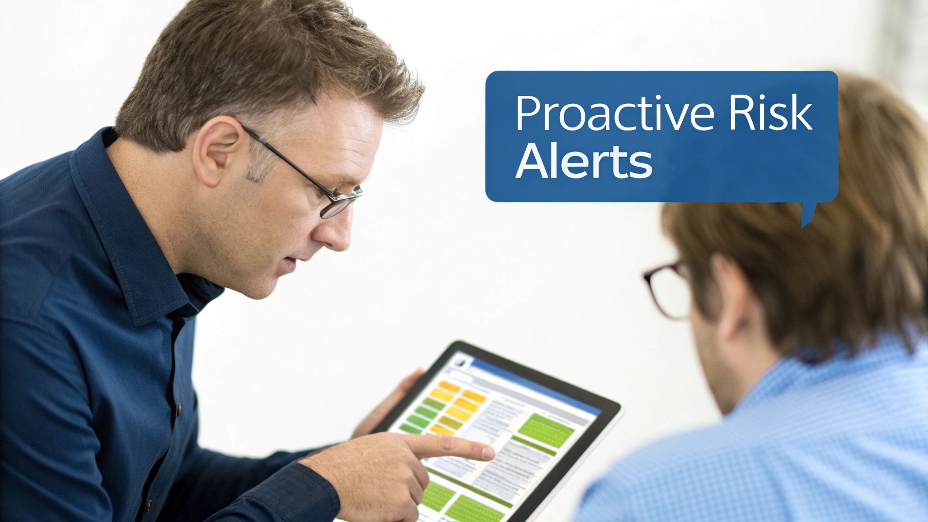 Two men reviewing a tablet with data and 'Proactive Risk Alerts' text overlay.