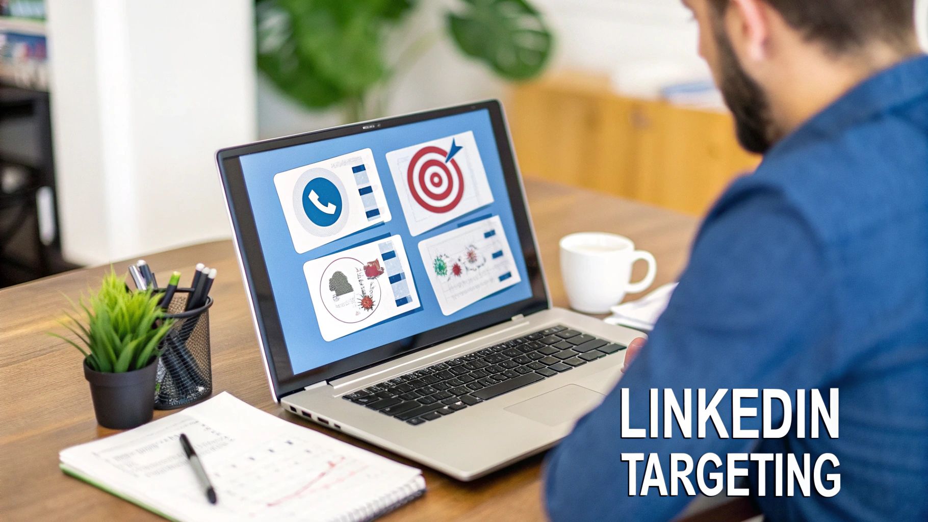 A man works on a laptop displaying marketing strategy icons for LinkedIn targeting, with coffee and a notebook on his desk.