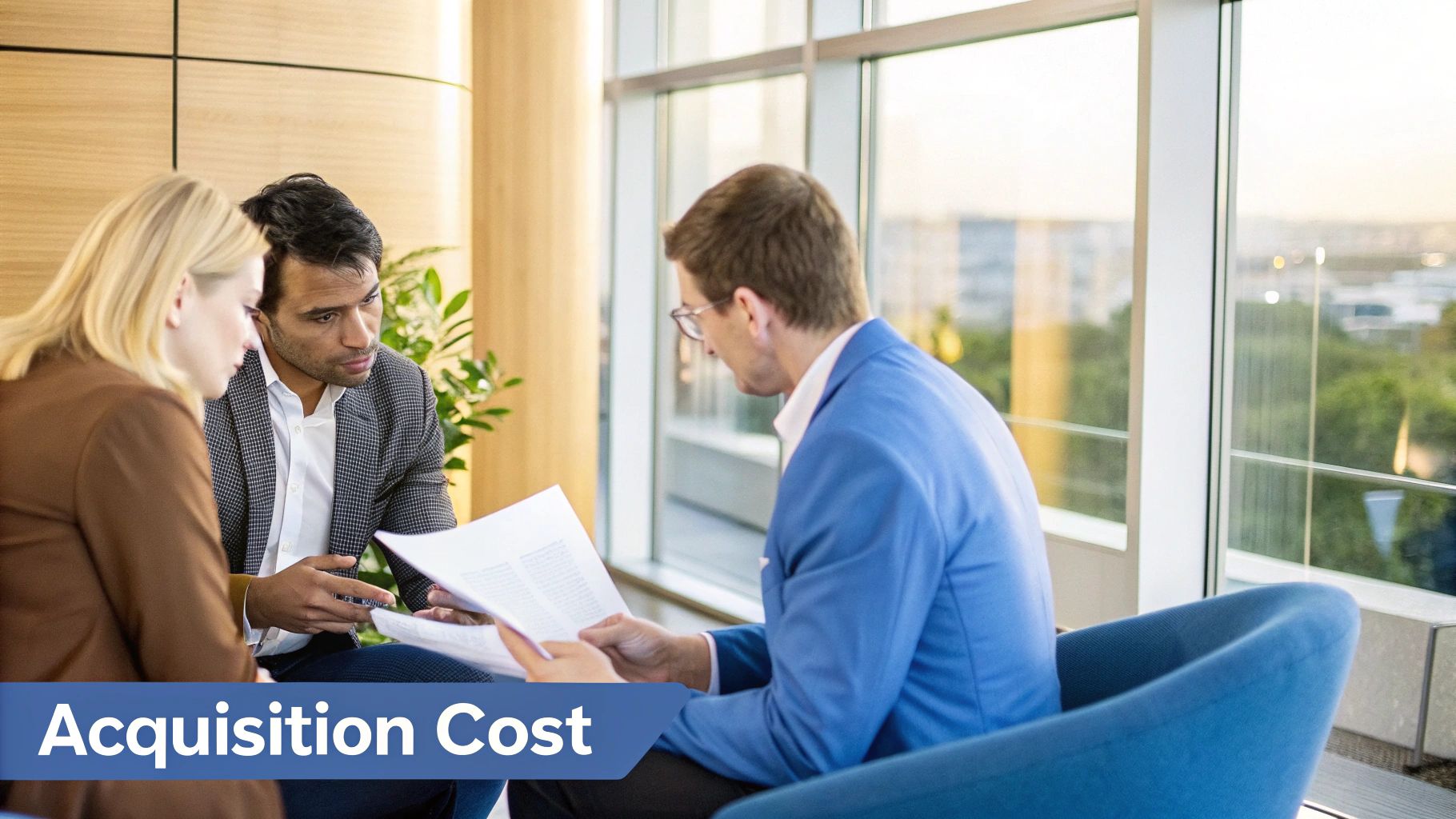 A group of bank executives in a modern office, analyzing charts and data on a large screen, focused on growth metrics.
