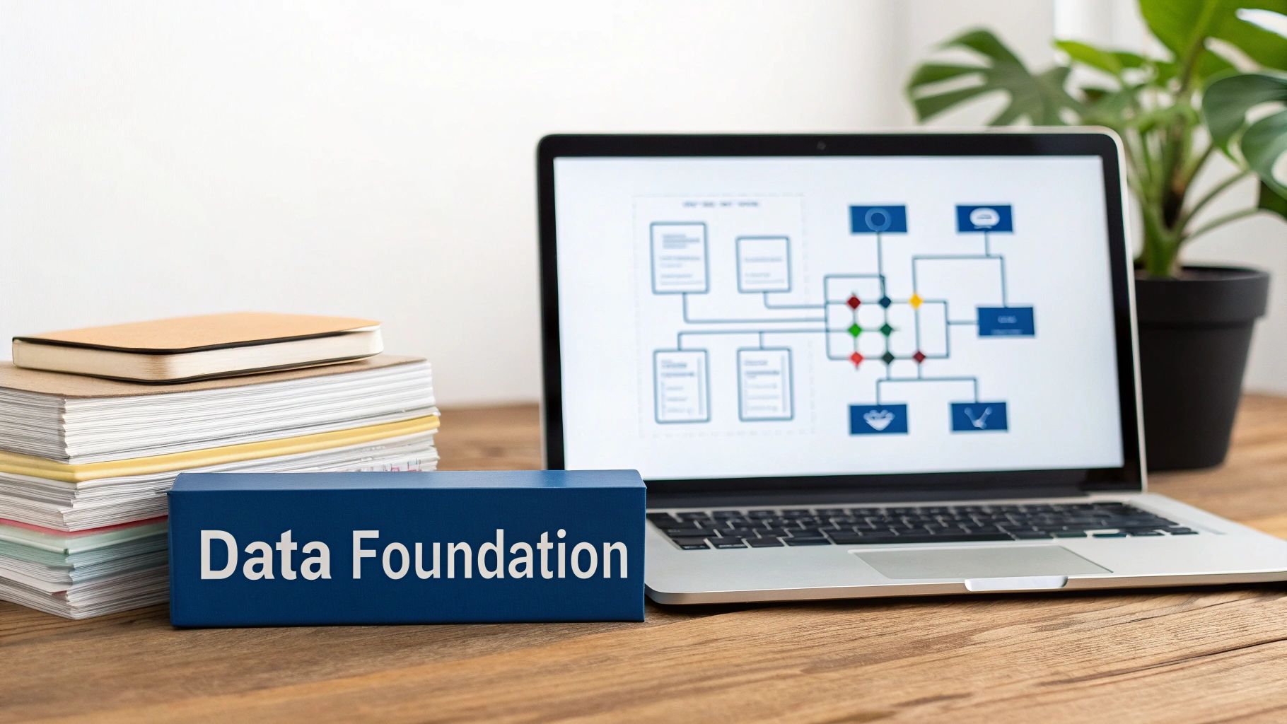 A data foundation block, laptop displaying a data diagram, and stacked books on a wooden desk.