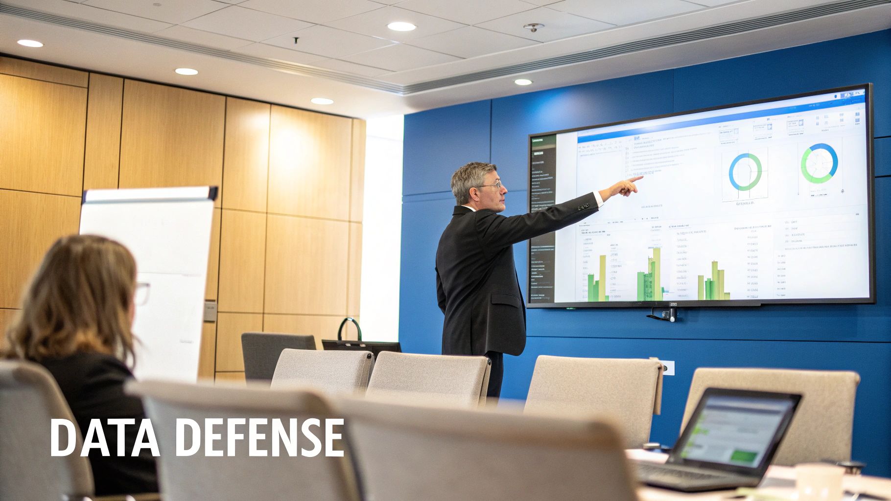 Man in suit presents data and charts on a large screen in a modern conference room.