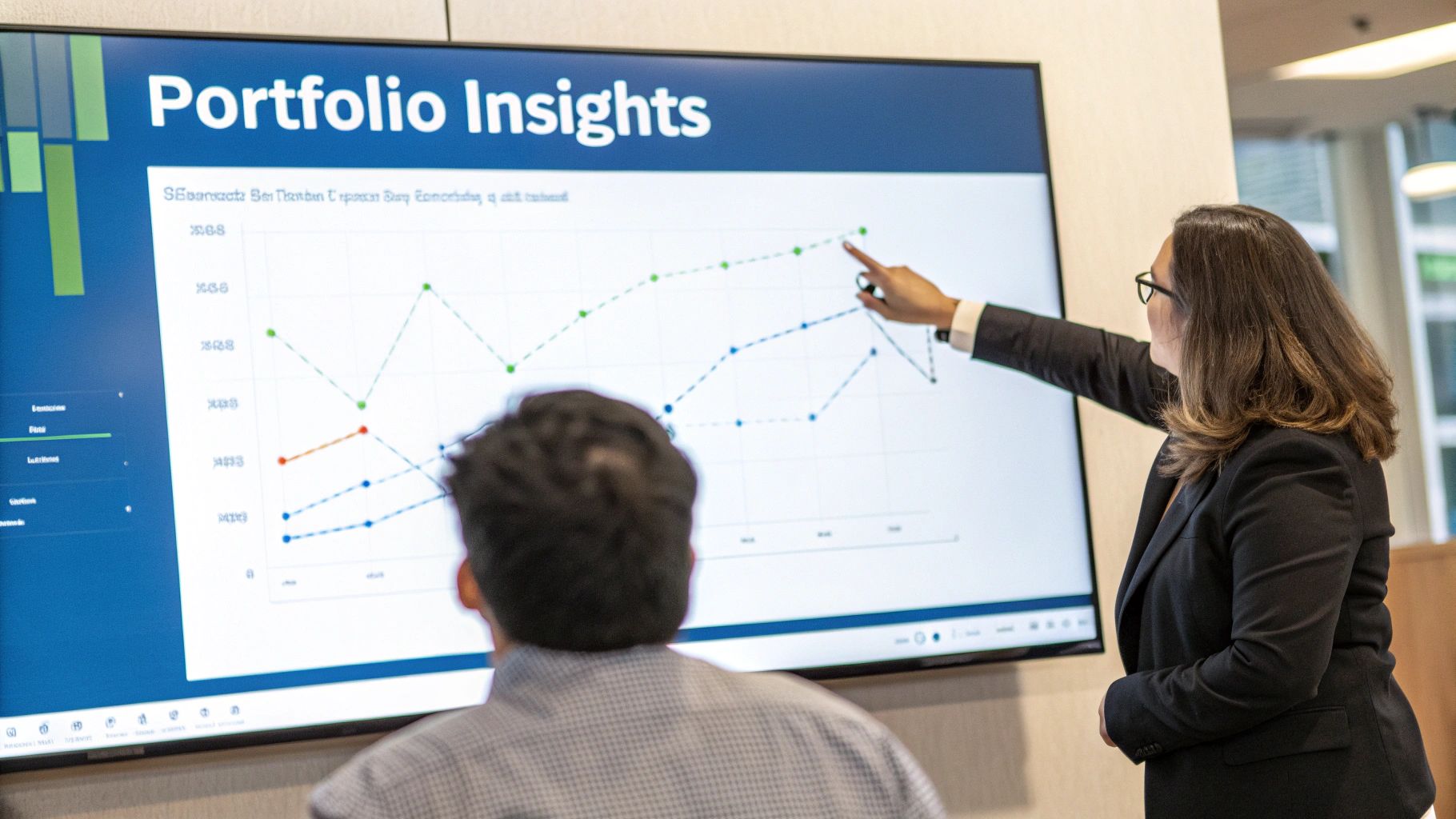 A graph showing business intelligence data with upward trends and key performance indicators, representing the transformation of raw data into strategic insights.