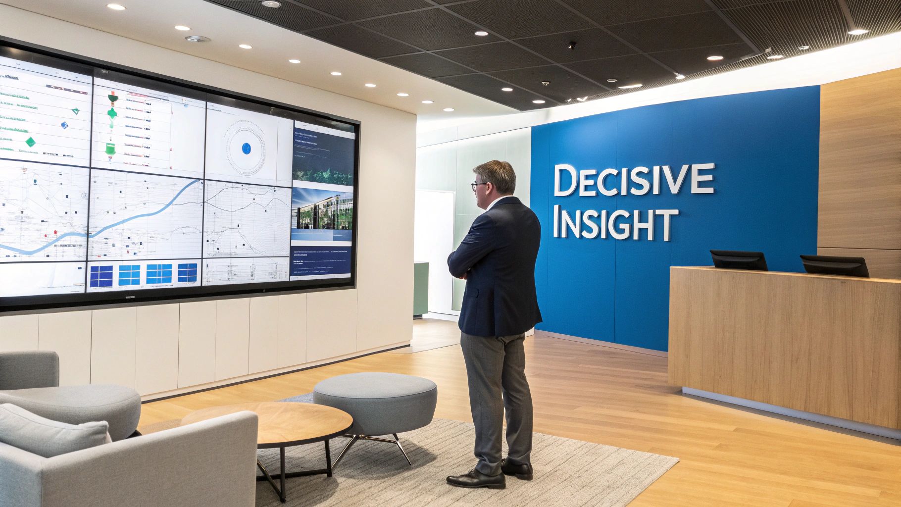 A man views a large video wall displaying data visualizations in a modern office lobby.