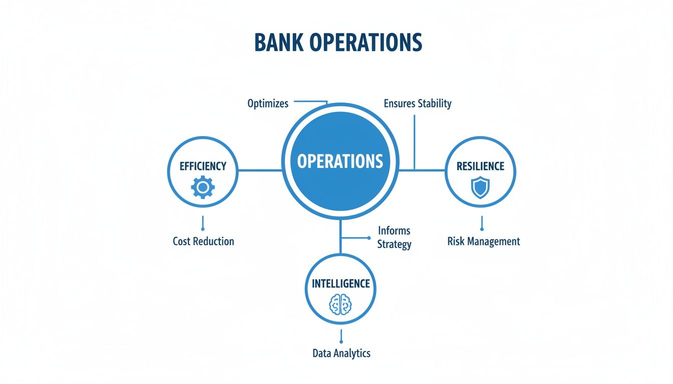 Diagram illustrating bank operations and their links to efficiency, resilience, and intelligence concepts.