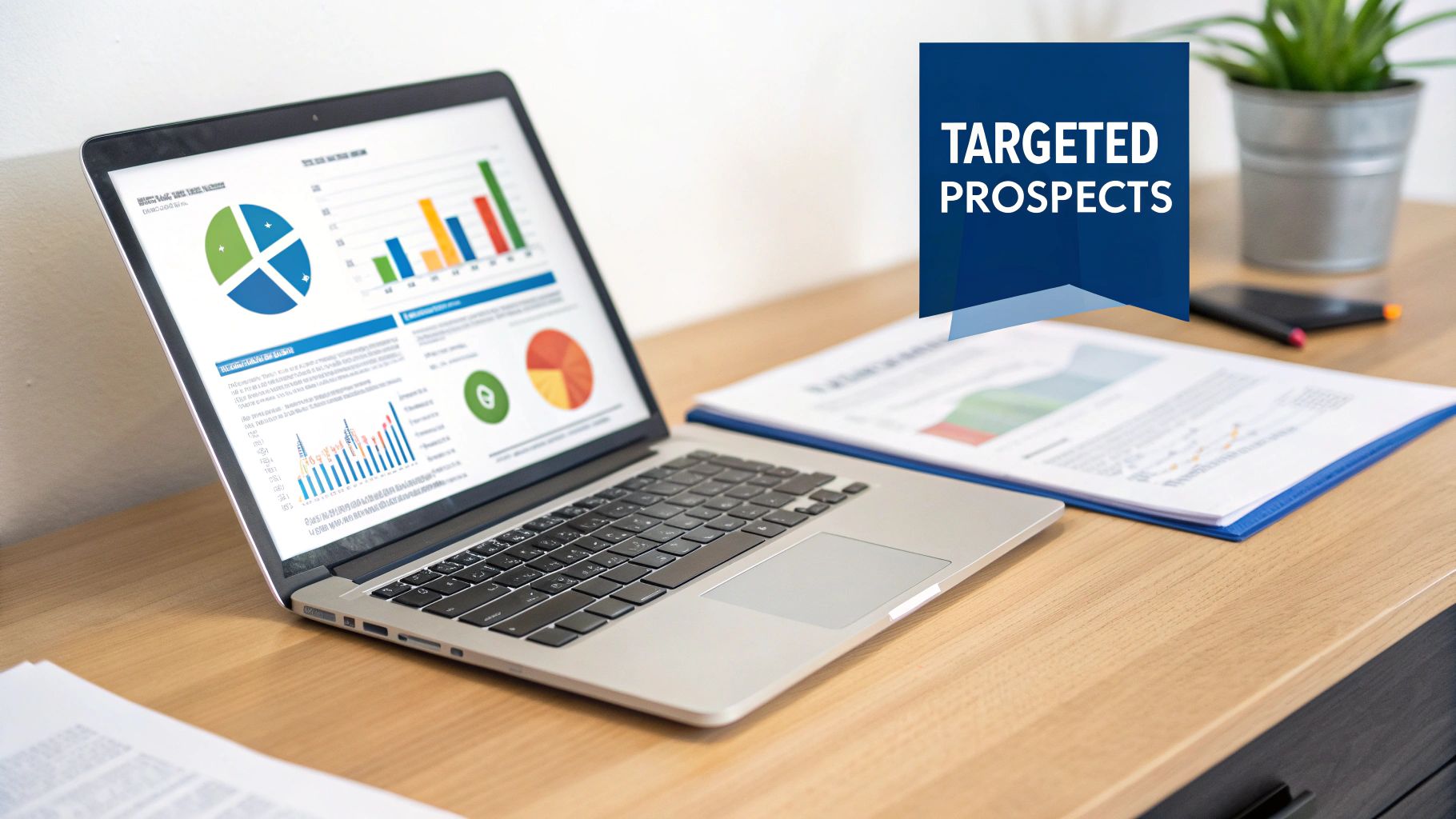 A laptop displaying data analysis charts and graphs on a desk with documents and a 'TARGETED PROSPECTS' banner.