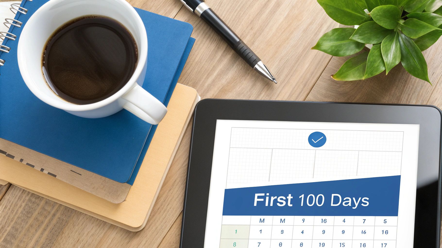A detailed 100-day action plan displayed on a digital interface, with metrics and milestones clearly visible.