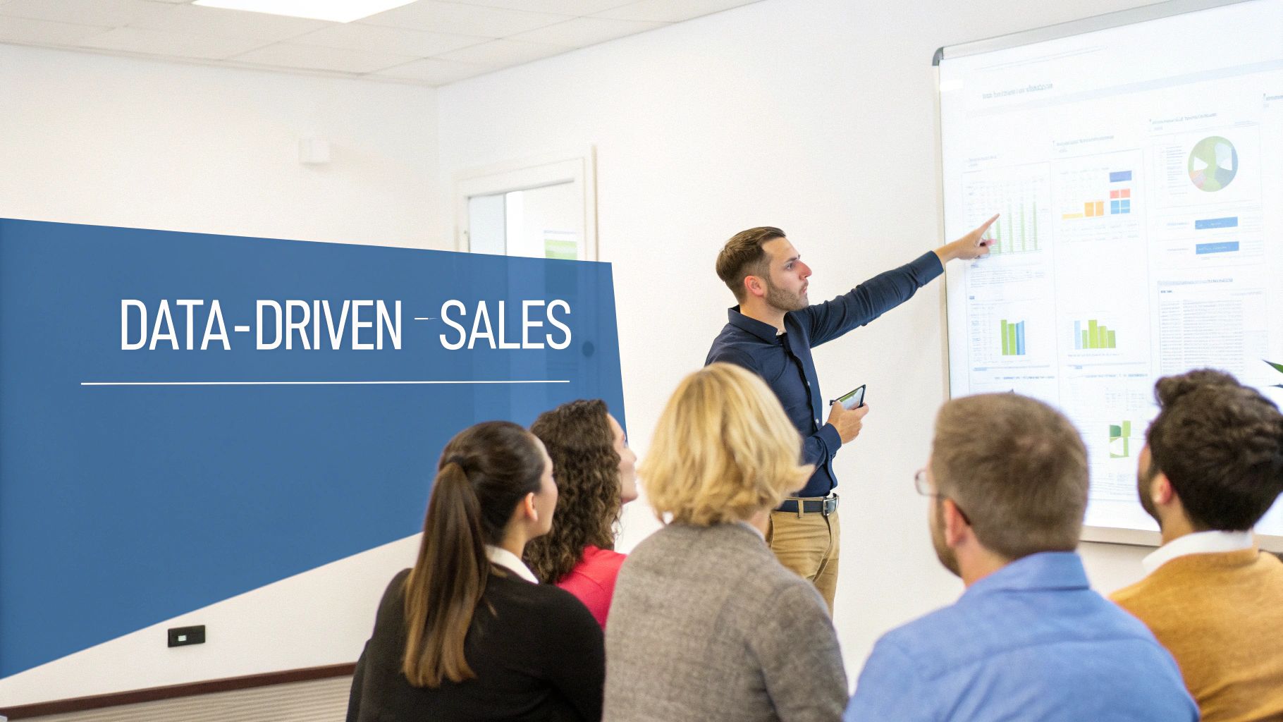 A professional presents data-driven sales charts on a screen to an attentive audience in a business meeting.