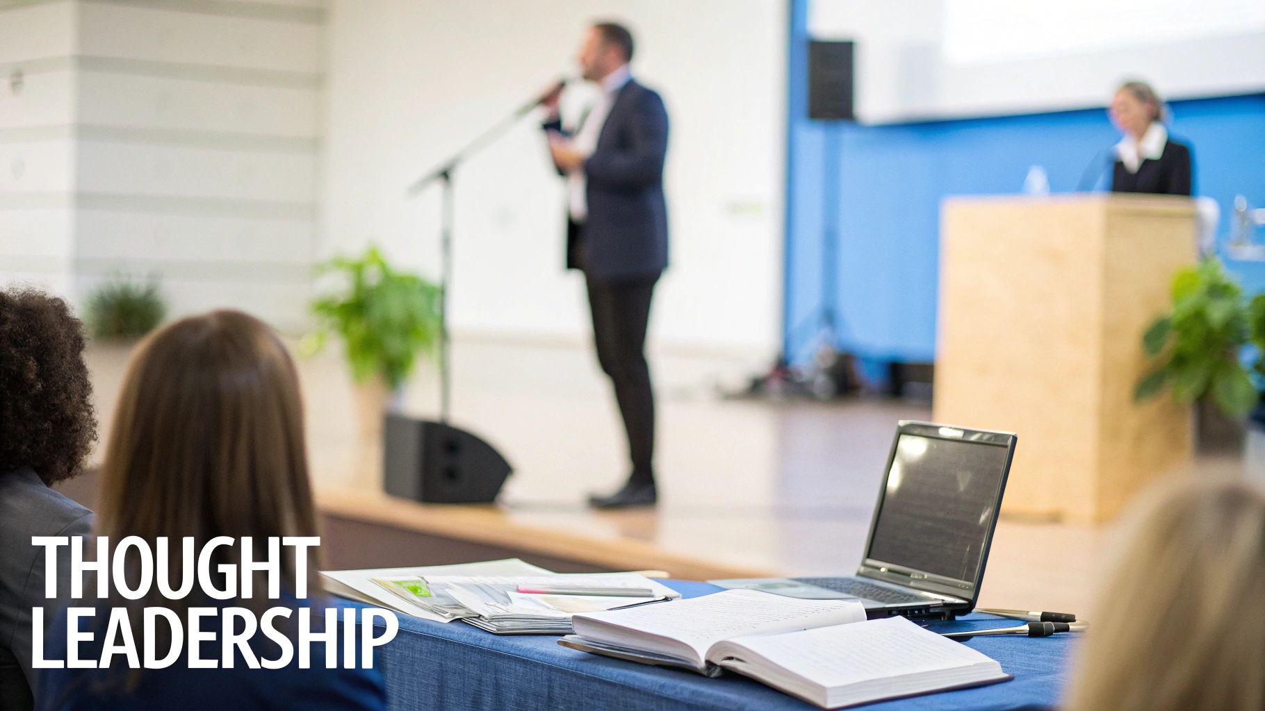 A speaker presents at a conference, with attendees in the foreground, a laptop, and books.