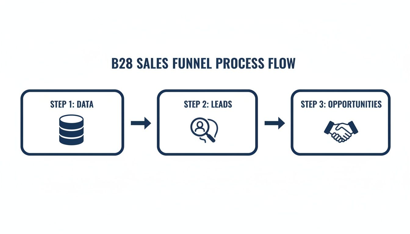 B28 sales funnel process flow illustrates steps from data collection to identifying leads and securing opportunities.