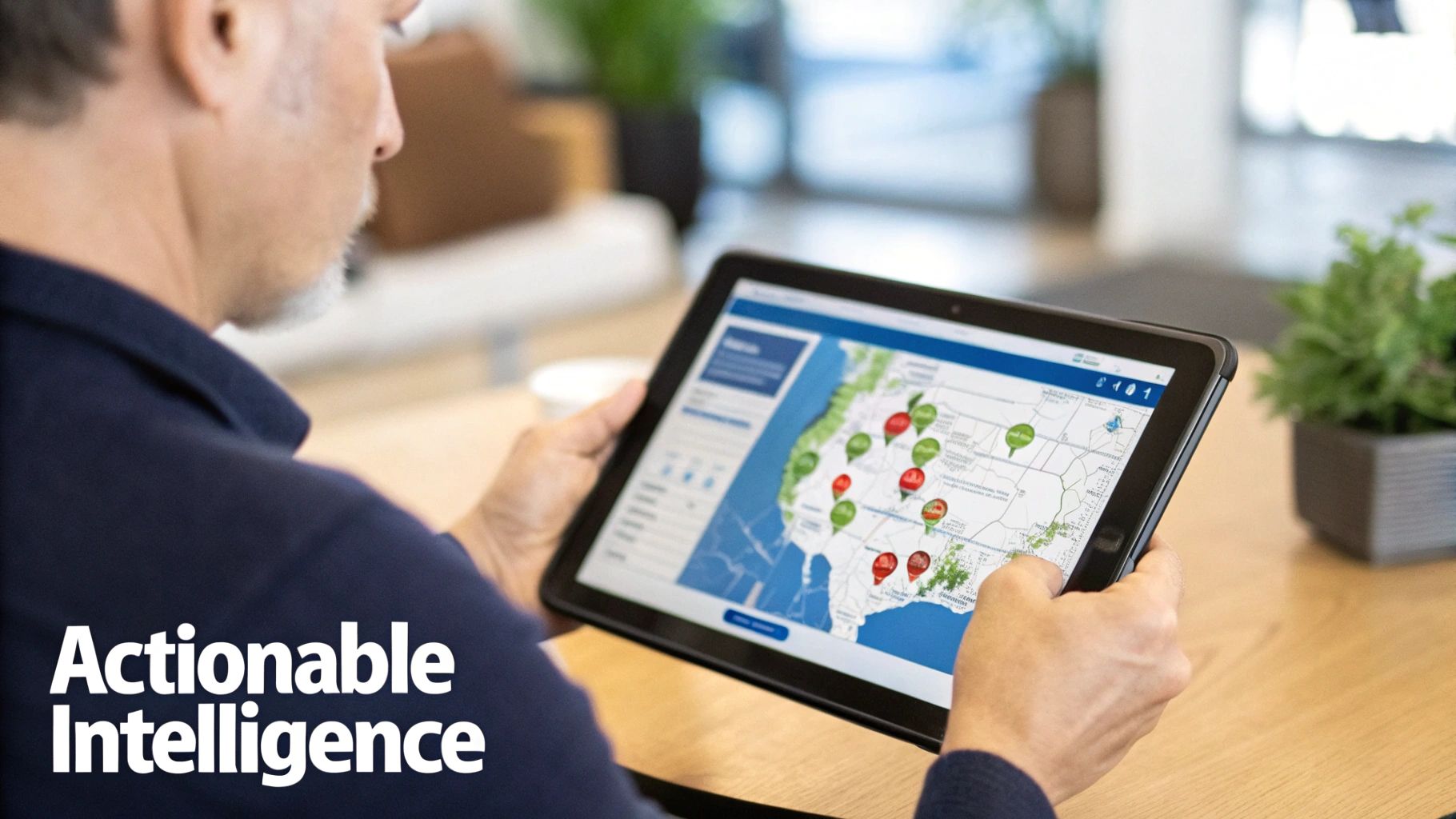 Person viewing a tablet displaying a map with various location markers and data points.