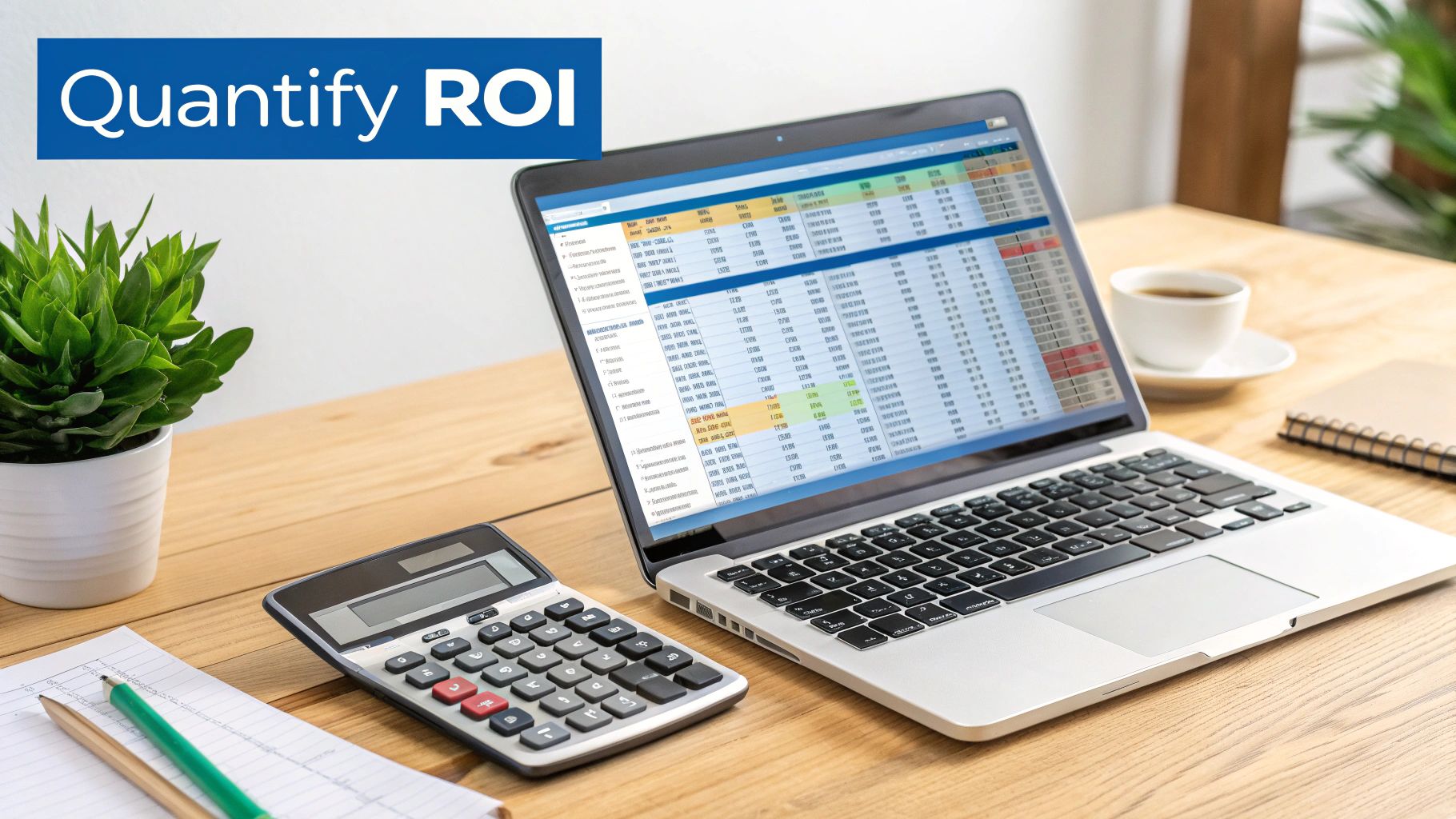 A desk with a laptop showing a financial spreadsheet, a calculator, and a 'Quantify ROI' banner.