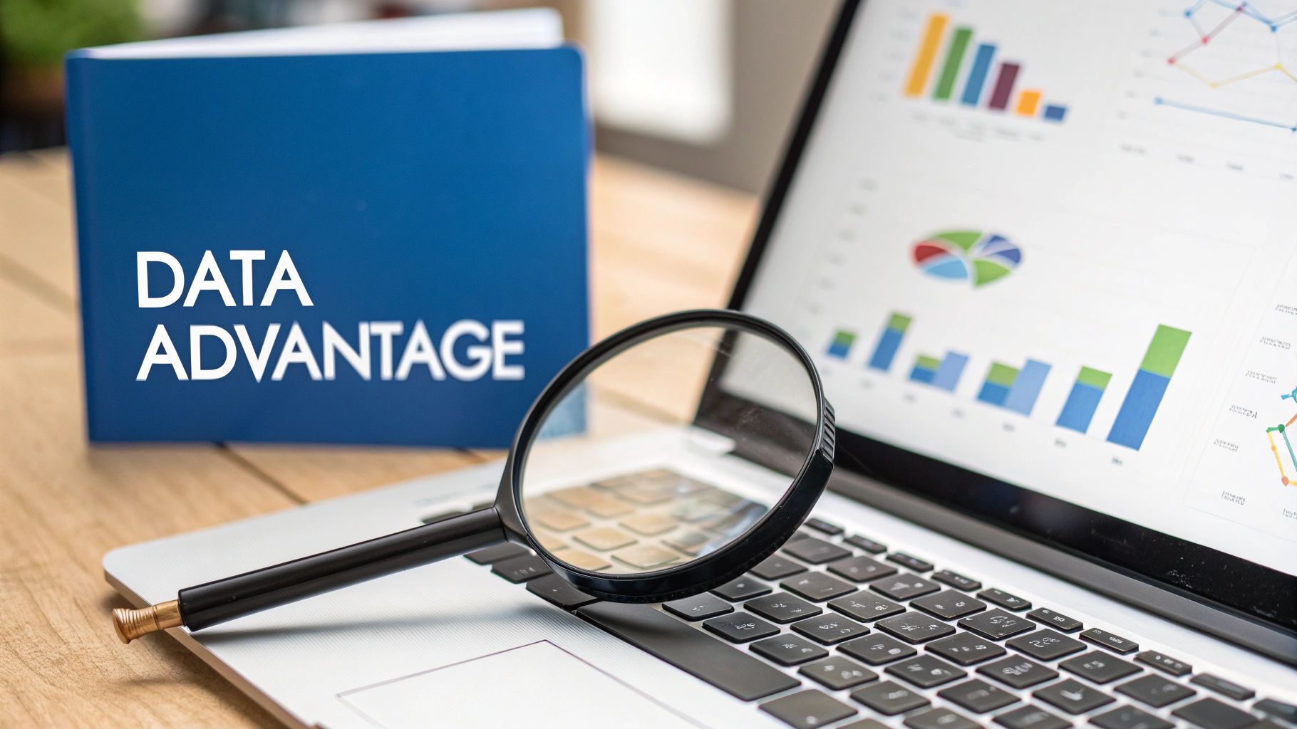 A magnifying glass rests on a laptop displaying data charts next to a 'DATA ADVANTAGE' binder.