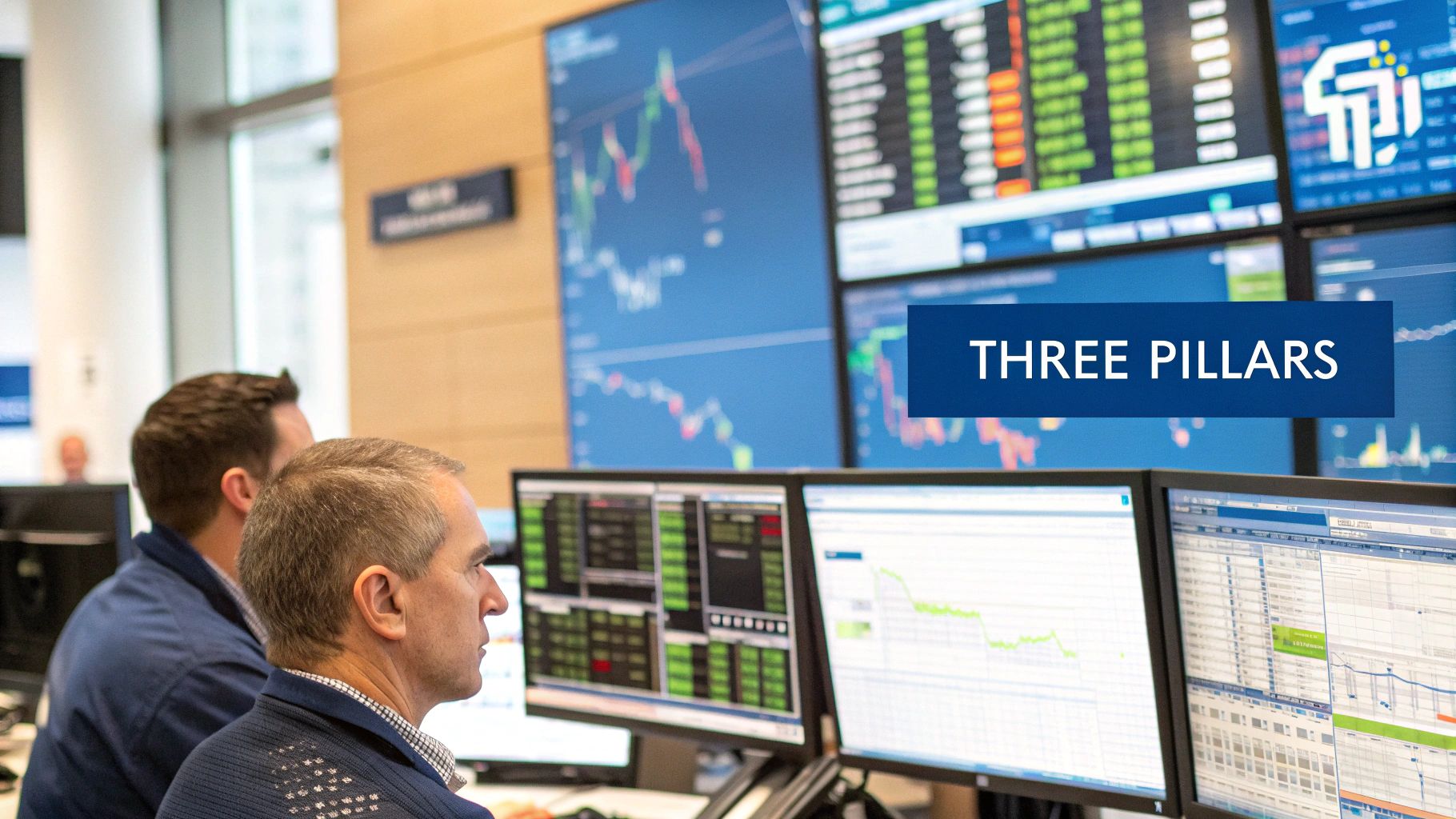 Three business people analyzing data on a large screen