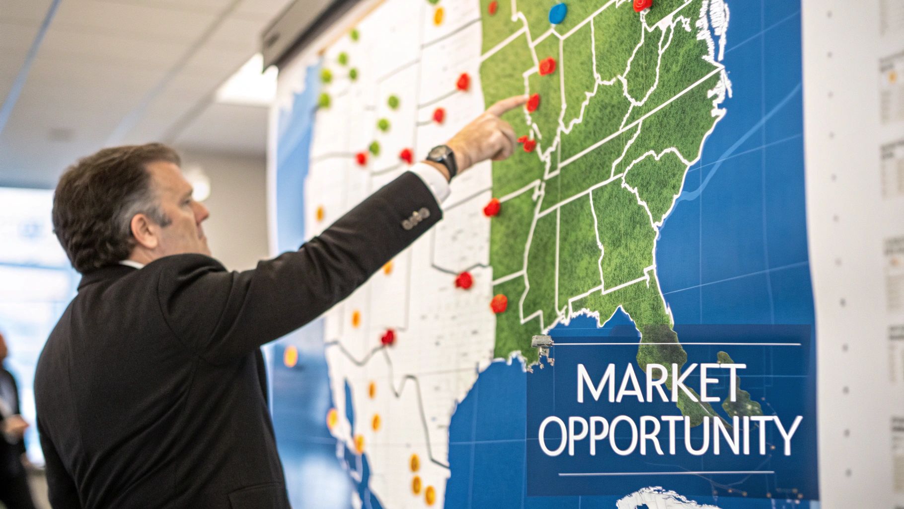 A man in a suit points at a USA map with colorful pins, analyzing market opportunities.