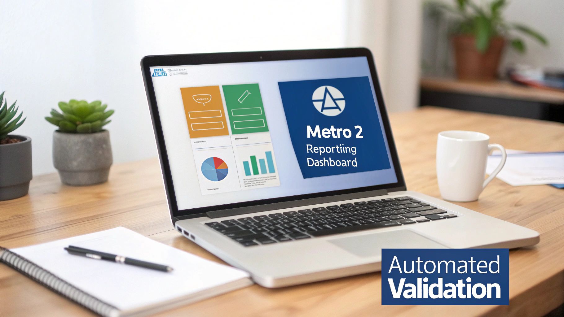 Laptop displaying Metro 2 Reporting Dashboard with automated validation feature and data visualization charts