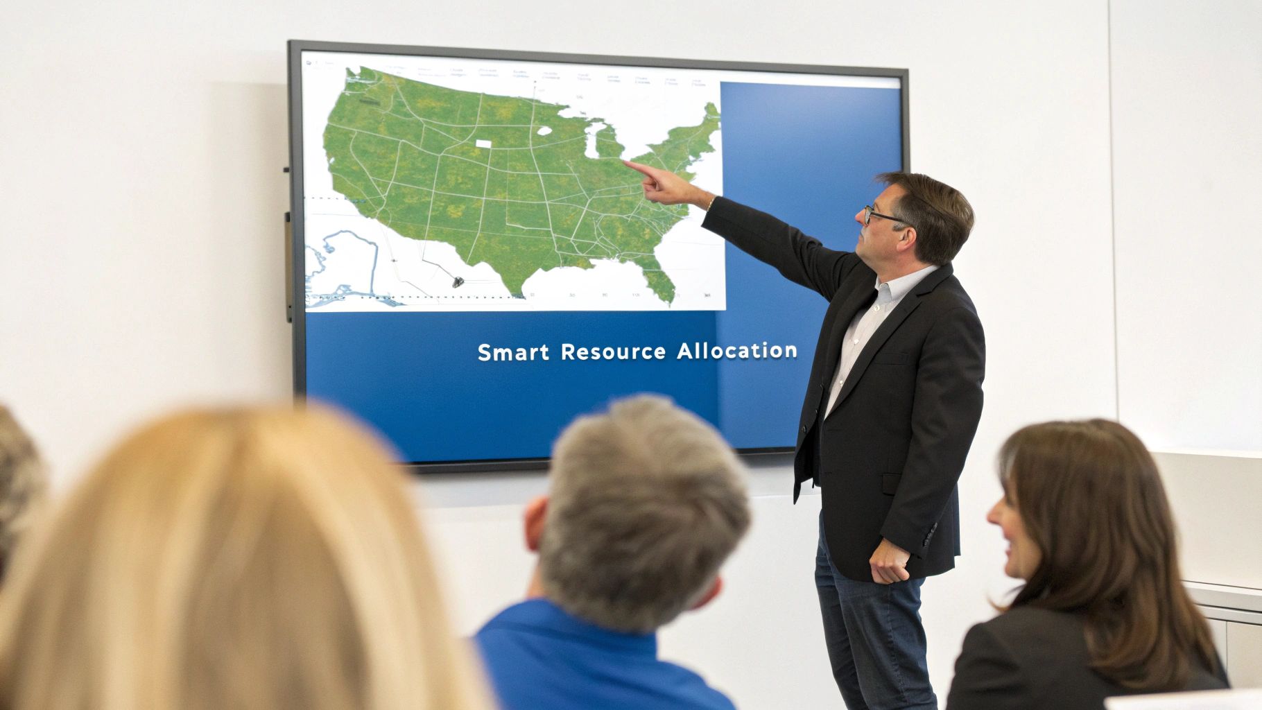 A presenter points to a map of the USA and text 'Smart Resource Allocation' on a large screen.