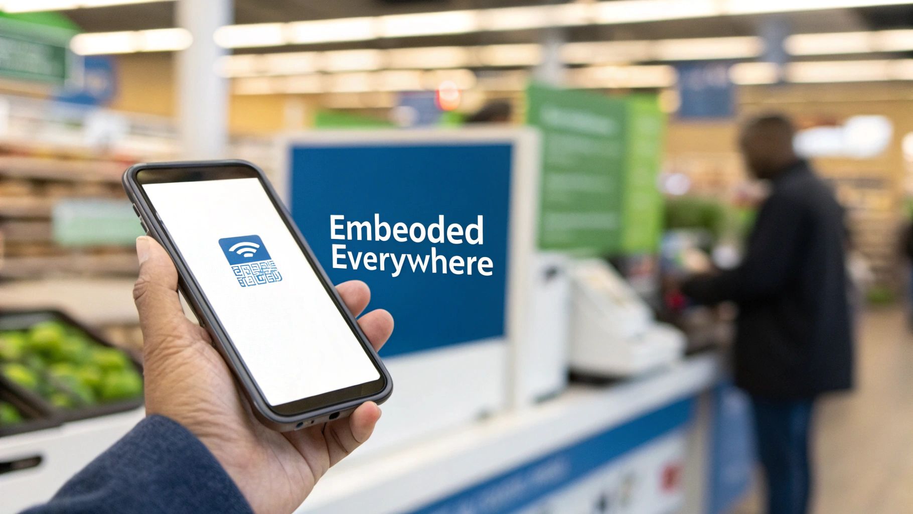 A hand holds a smartphone displaying a QR code and Wi-Fi logo in a modern retail setting.
