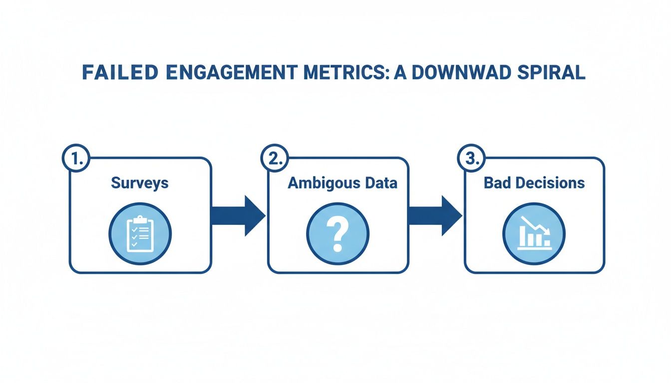 A flowchart showing a downward spiral: surveys lead to ambiguous data, then to bad decisions.