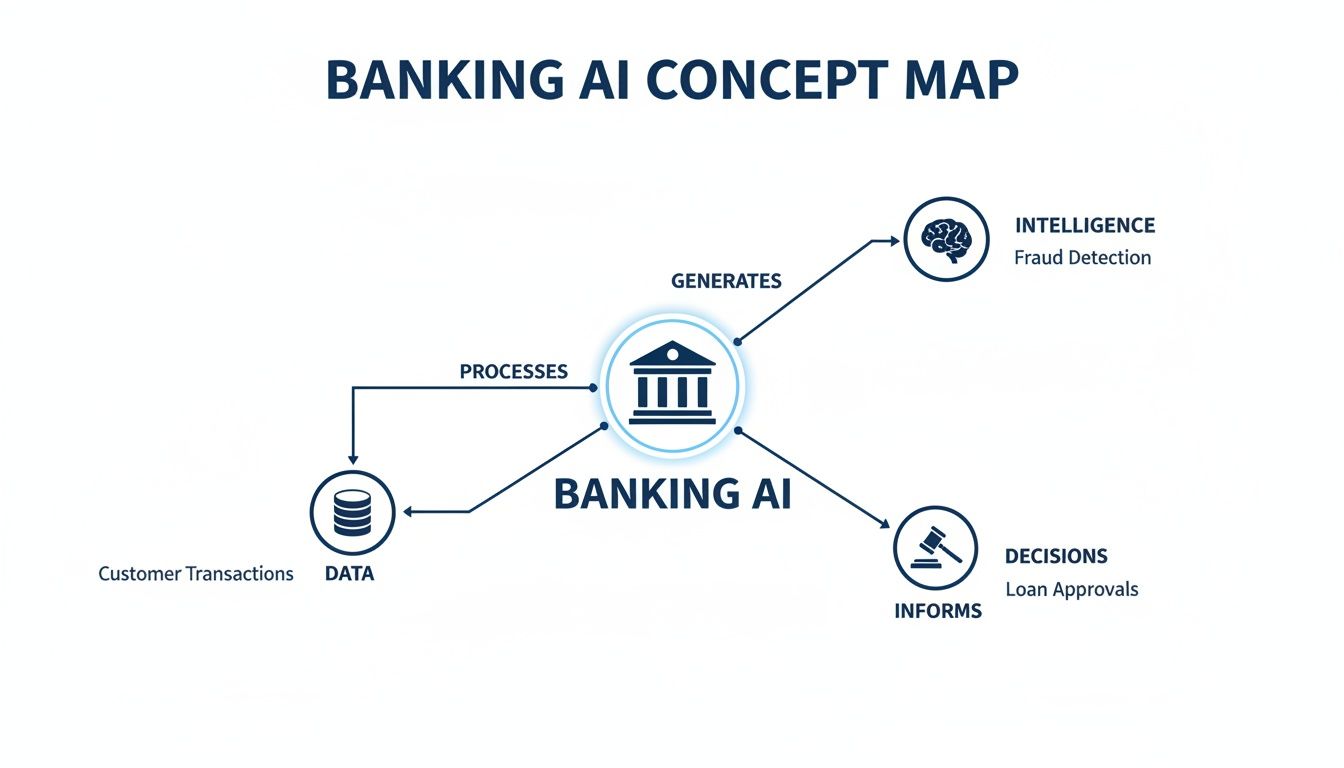 A concept map illustrating Banking AI processing customer data to generate intelligence for fraud detection and inform loan approval decisions.
