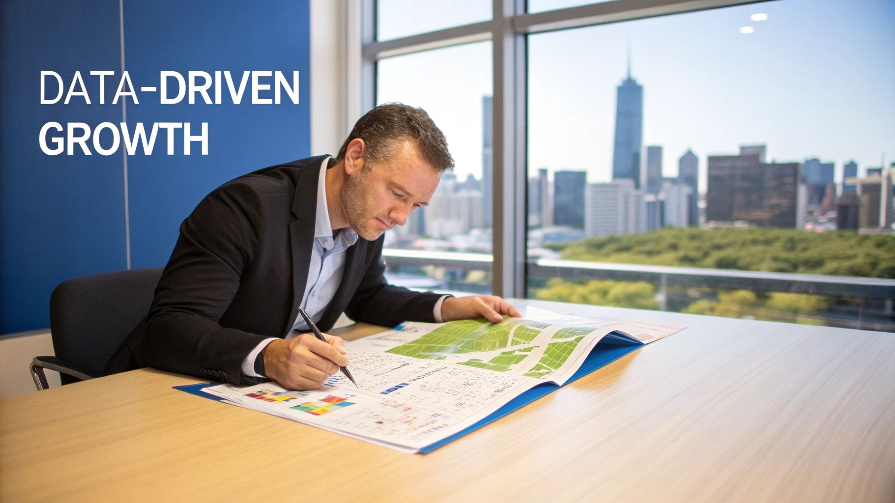 A man in a suit writes on documents at a desk, with a city skyline view and 'DATA-DRIVEN GROWTH' text.
