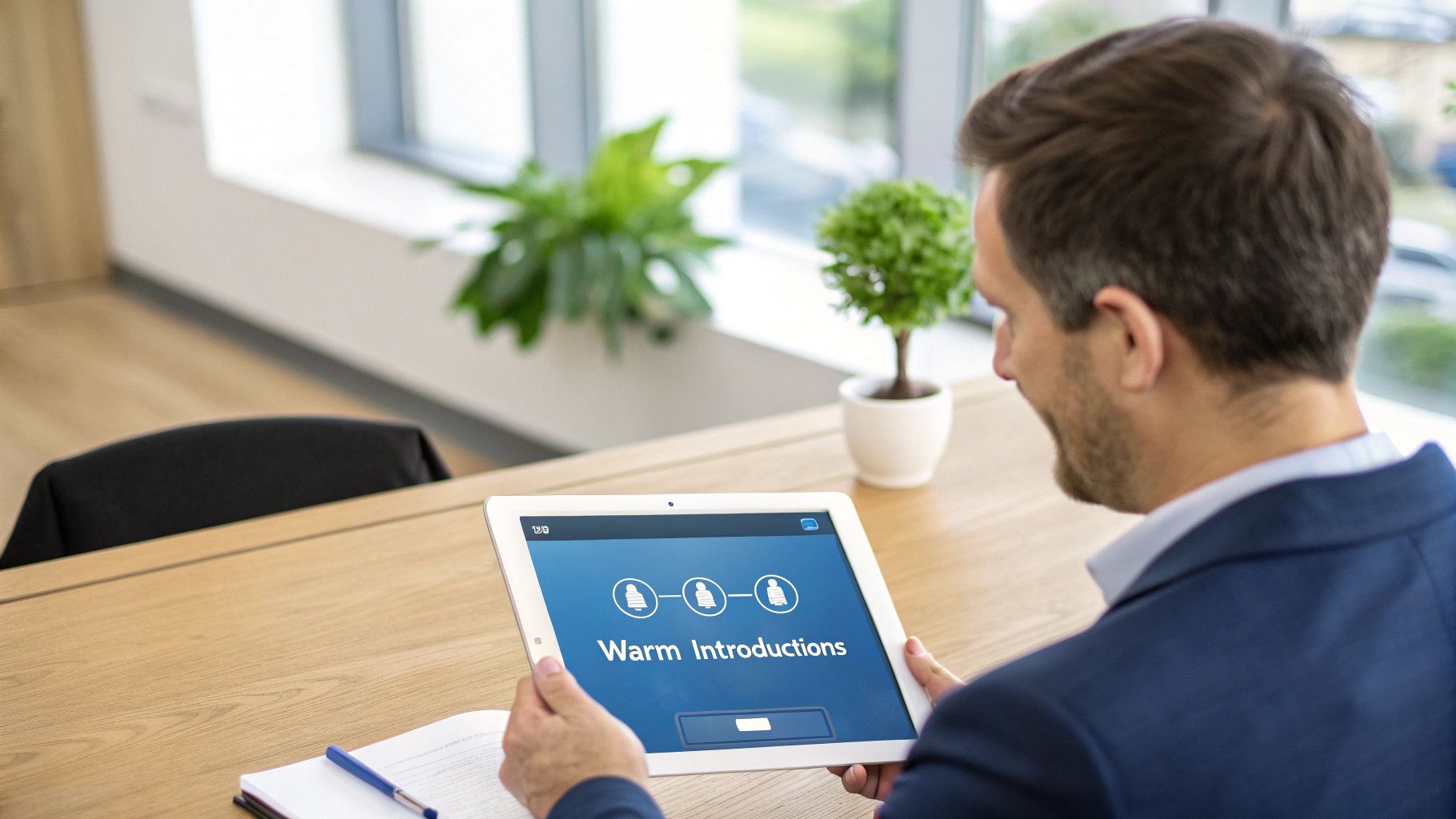 Businessman in an office viewing a tablet displaying 'Warm Introductions' on its screen.
