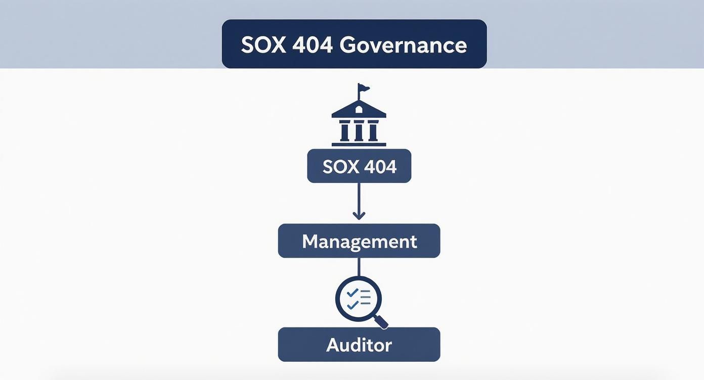 SOX 404 governance hierarchy flowchart showing structure from government building to management and auditor levels