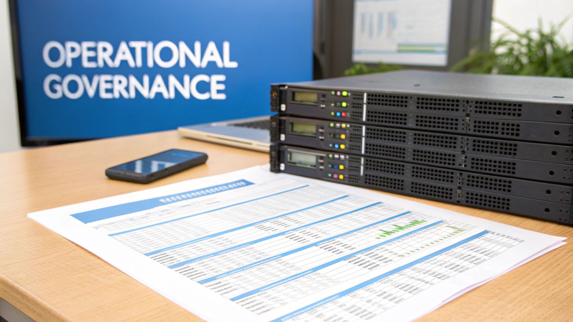 Desk with server racks, laptop, smartphone, and a monitor displaying 'OPERATIONAL GOVERNANCE'.