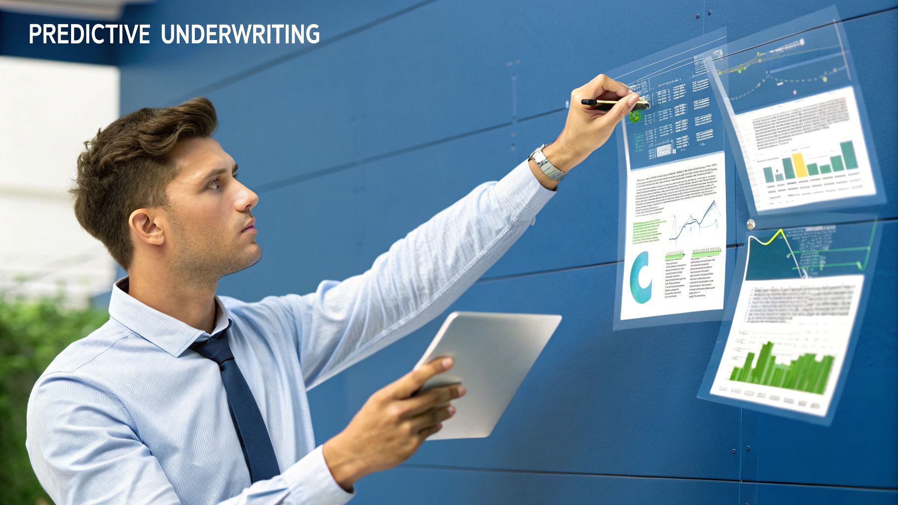 A magnifying glass hovering over a detailed financial chart, symbolizing data-driven underwriting.