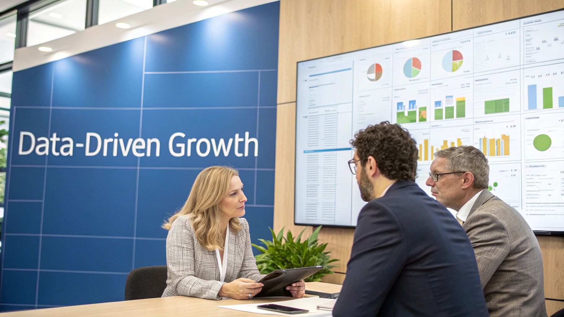 Three business professionals in a meeting room discussing data on a large screen displaying charts.