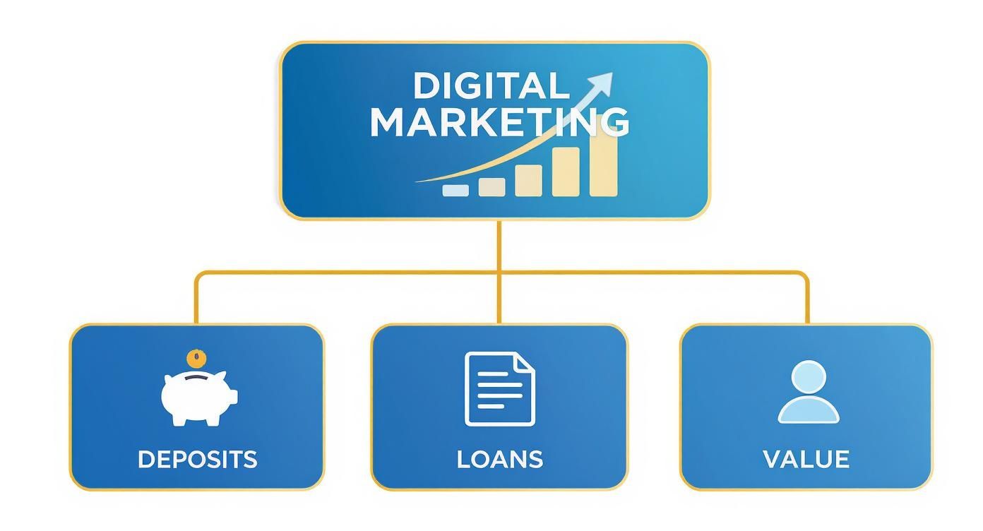 Diagram illustrating digital marketing growth driving bank deposits, loans, and customer value.