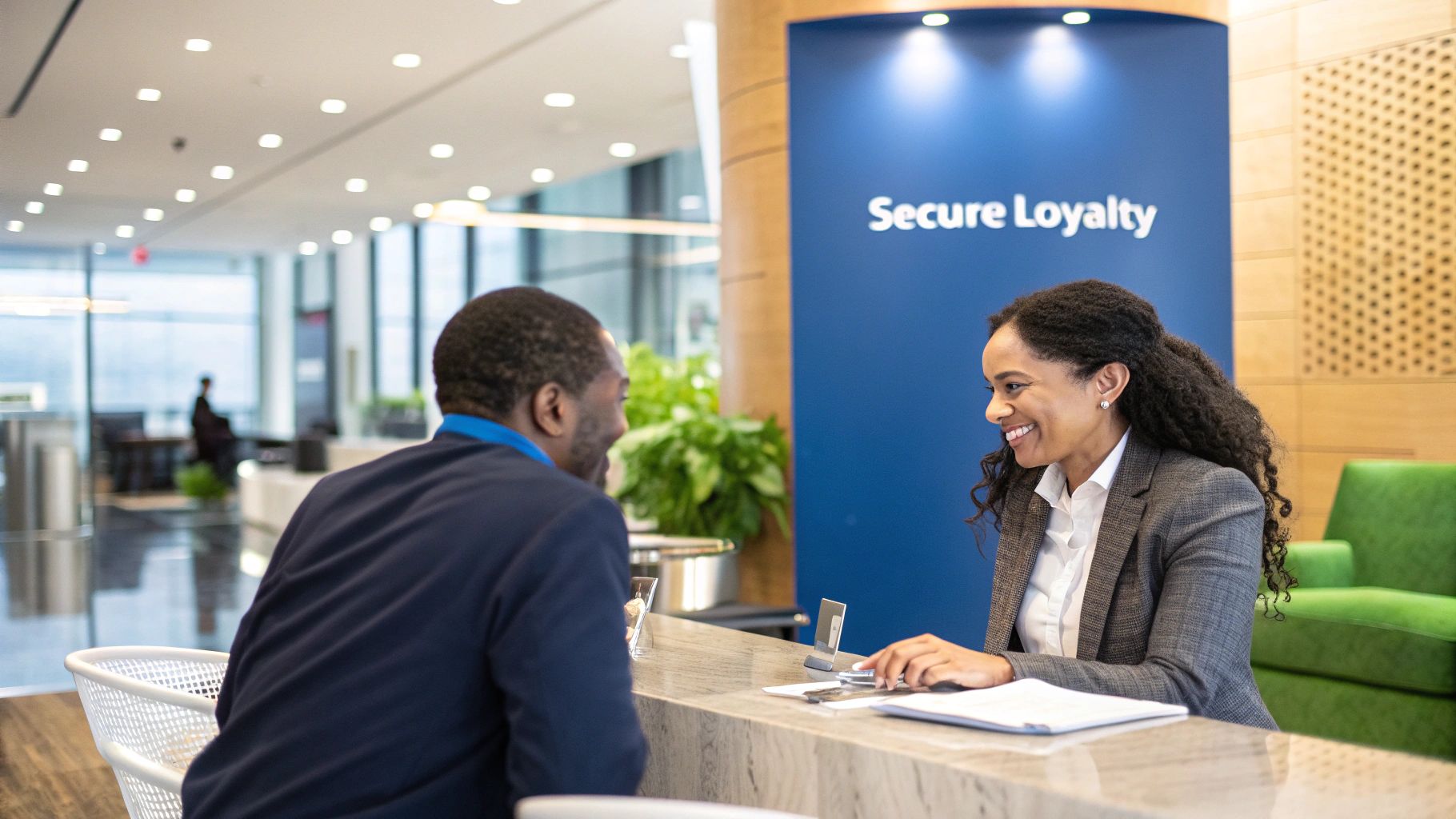 A bank executive reviewing customer satisfaction data on a tablet.
