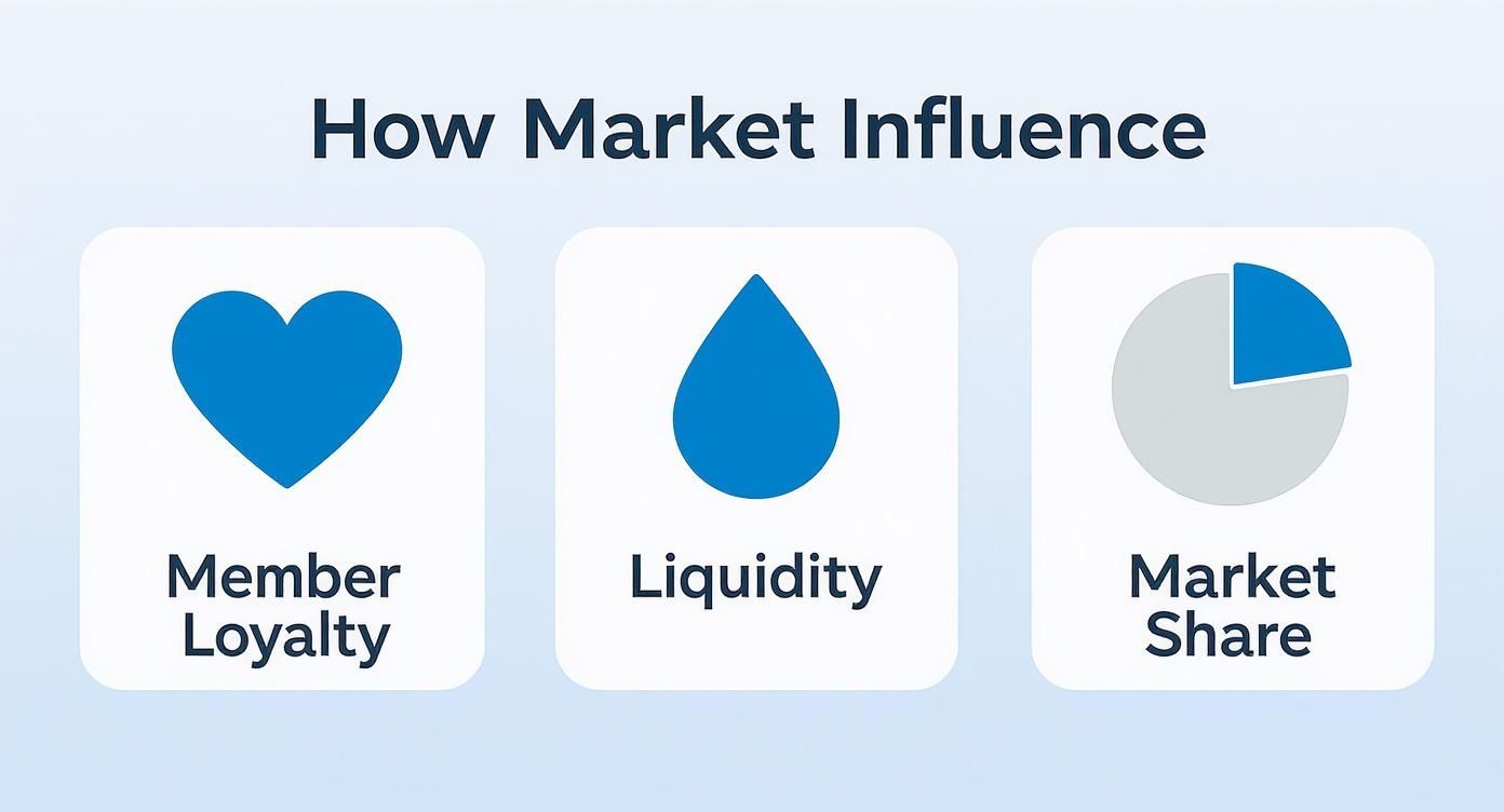 Infographic showing the market influence of share draft accounts through member loyalty, liquidity, and market share