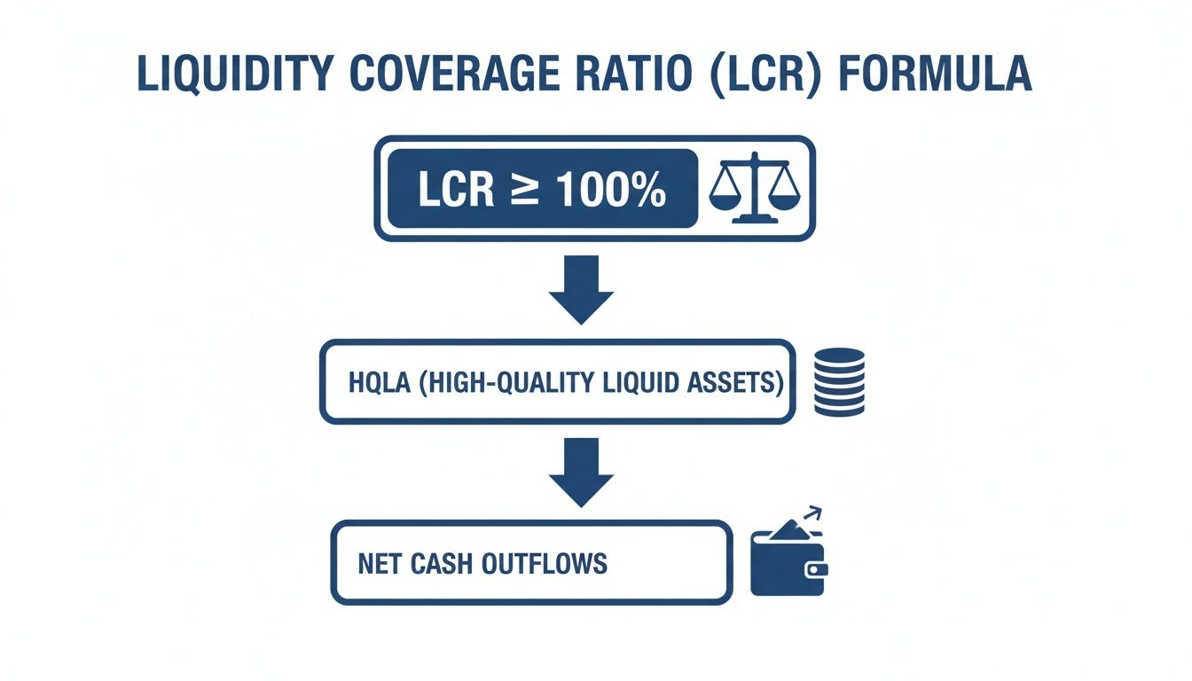 Flowchart illustrating the Liquidity Coverage Ratio (LCR) formula, showing HQLA over Net Cash Outflows, aiming for LCR >= 100%.