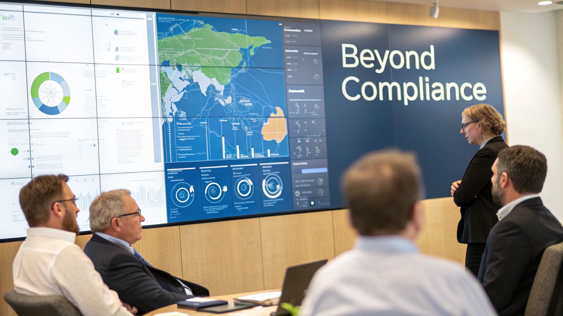 Banker analyzing regulatory documents on a computer screen