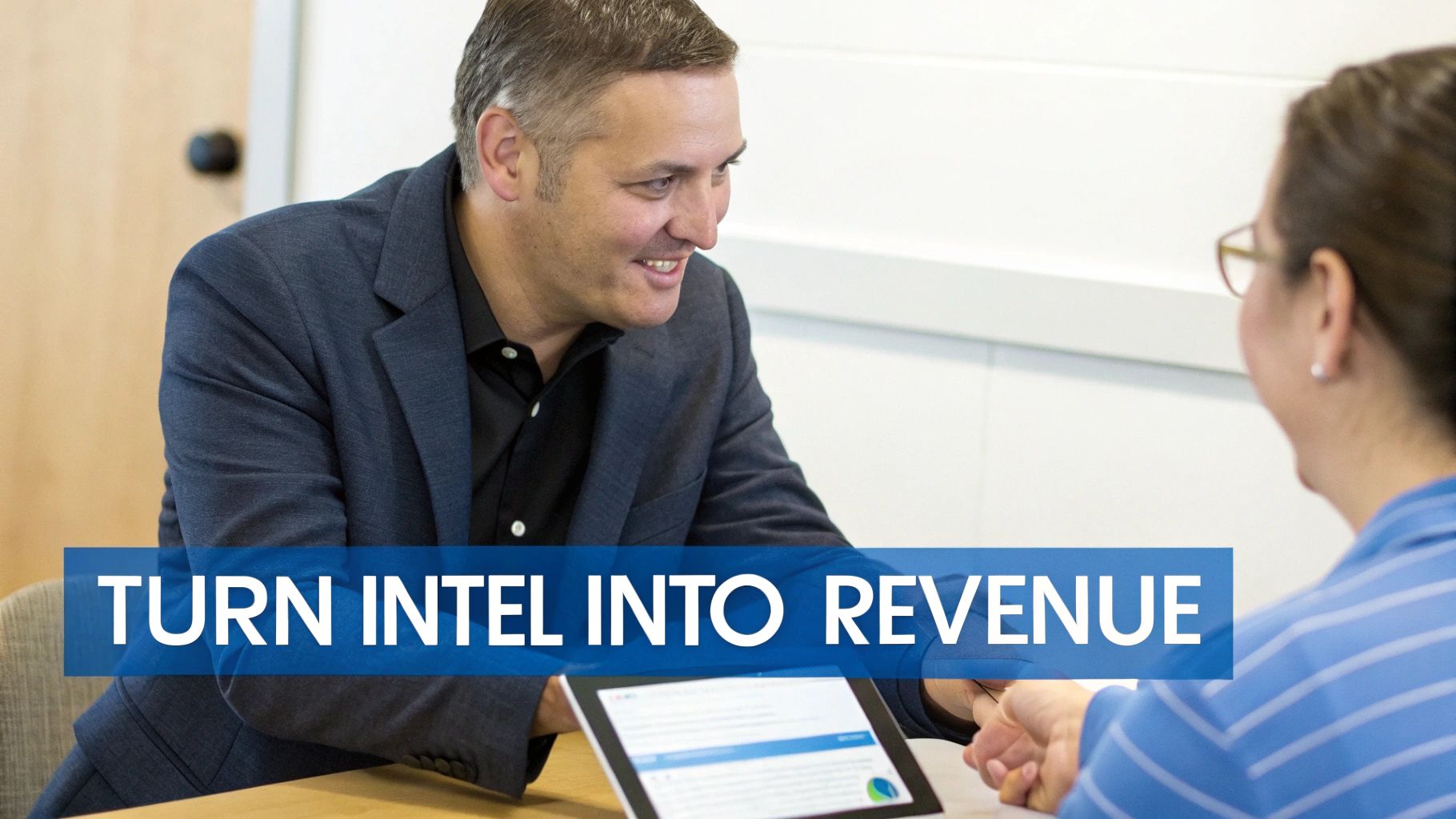 Smiling man in a suit discusses with a woman, reviewing data on a tablet, with text 'TURN INTEL INTO REVENUE'.