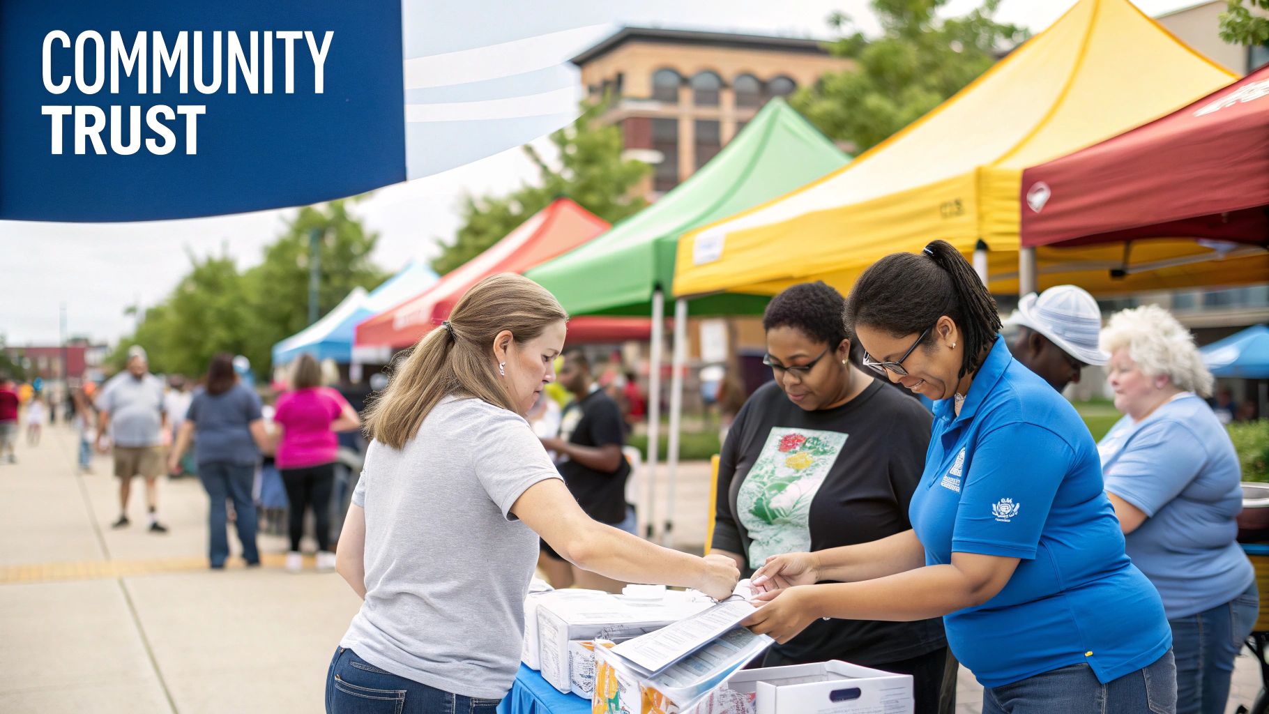 People participating in a community event sponsored by a local bank.