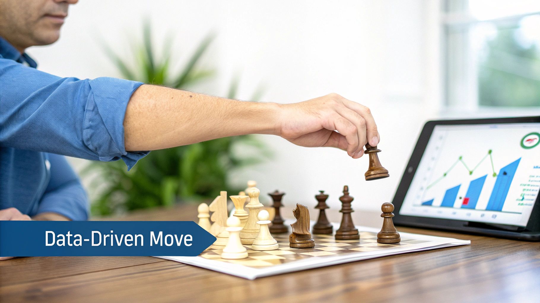 A man makes a chess move, integrating data analysis from a tablet into his strategy.