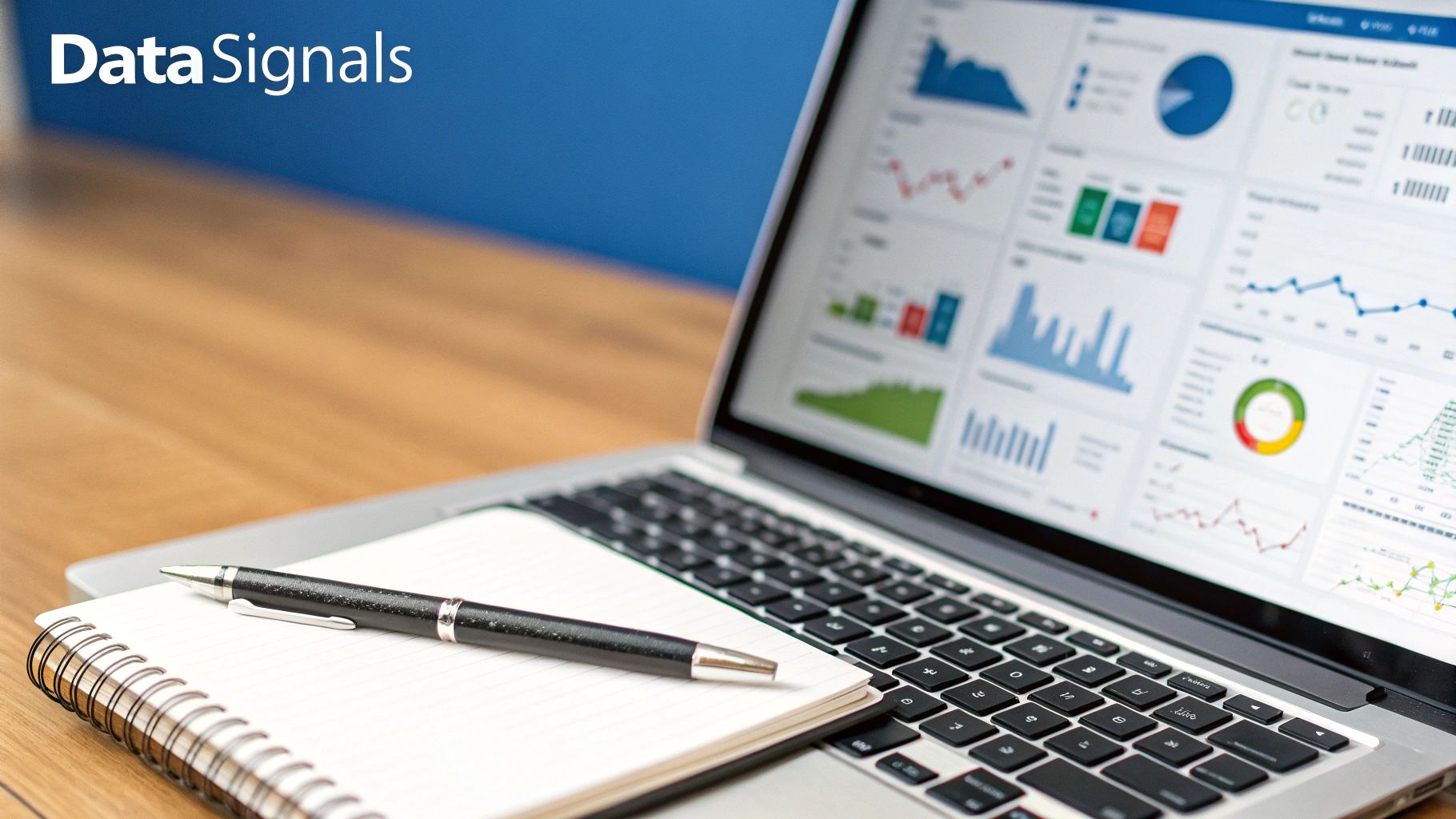 A laptop displaying data dashboards with charts and graphs, a notebook, and a pen on a wooden desk.