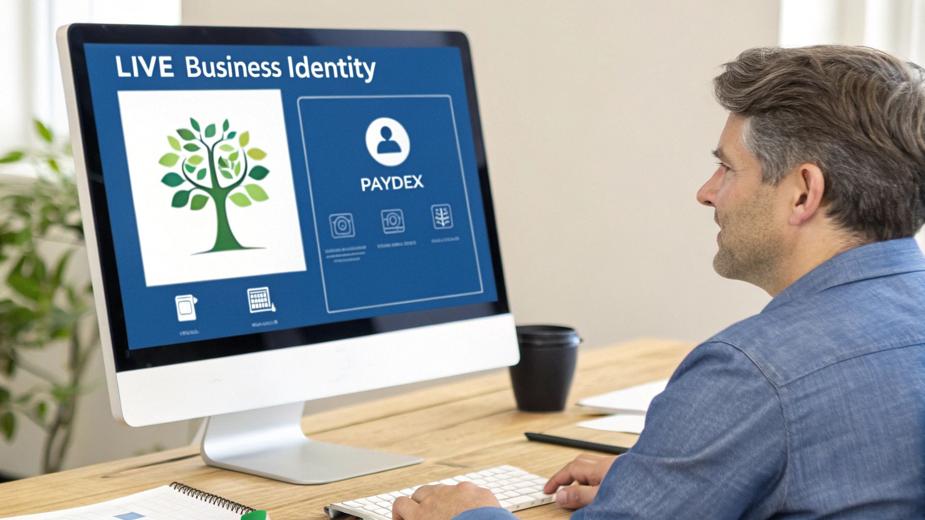 Man views a computer screen displaying "LIVE Business Identity" and a tree logo, working on a desk.