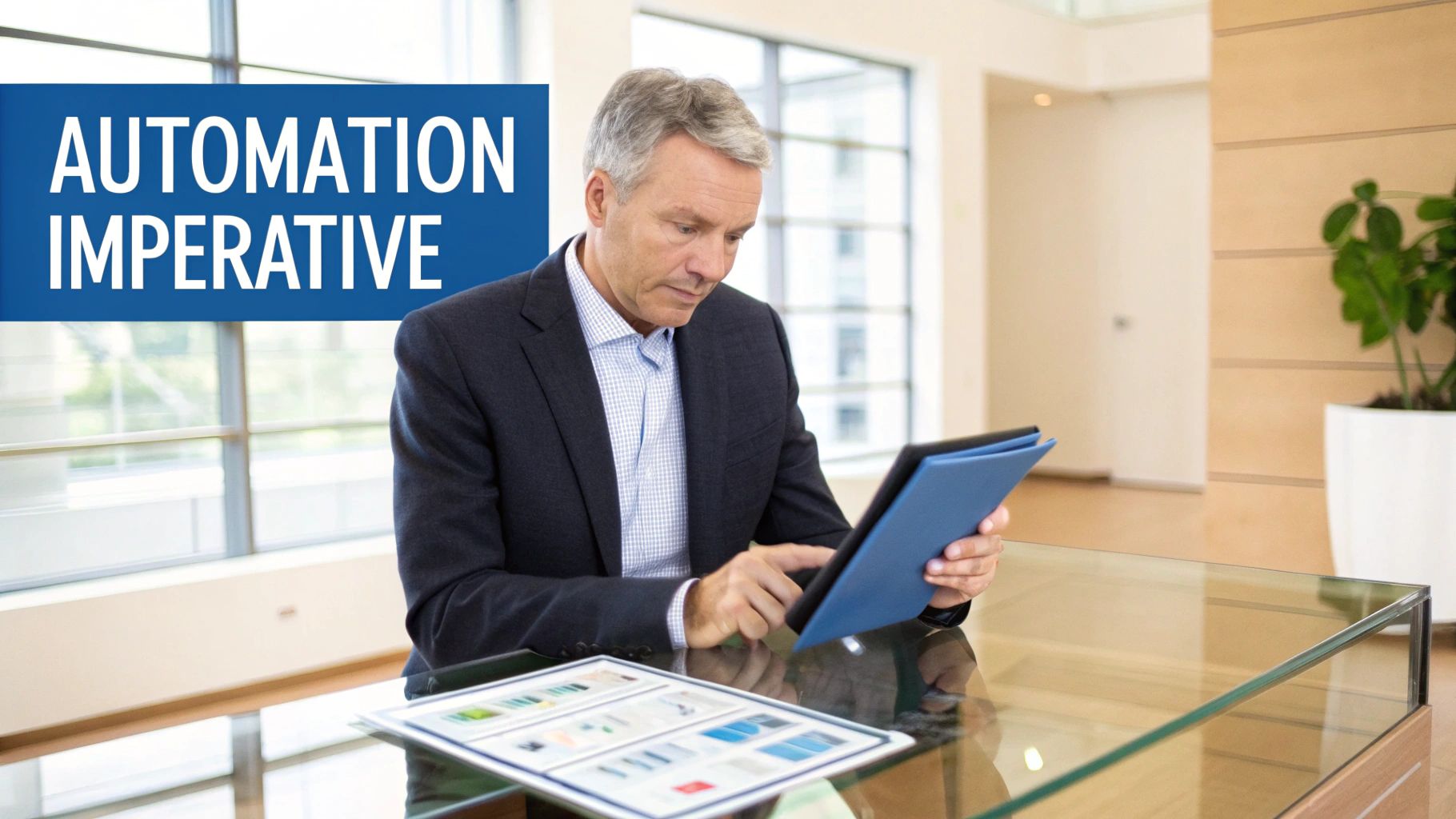 A modern bank office with professionals analyzing data on large screens, symbolizing the integration of technology and automation in banking.