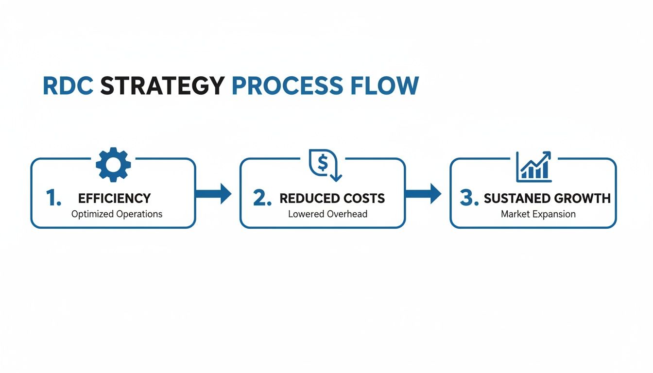 A diagram illustrating the RDC strategy process flow with three steps: Efficiency, Reduced Costs, and Sustained Growth.