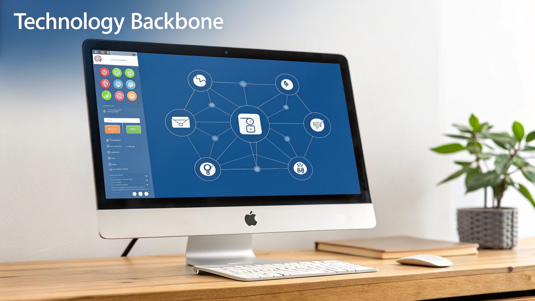 An Apple iMac on a wooden desk, displaying a technology backbone diagram and a software interface.
