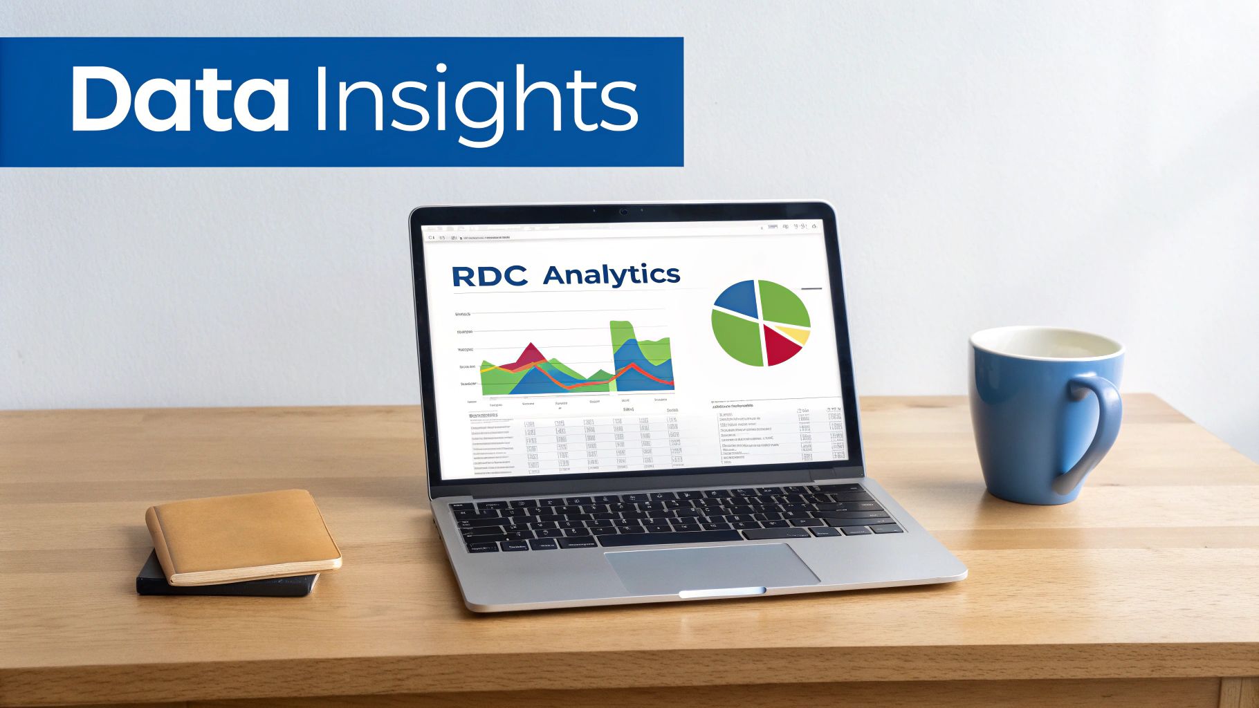A laptop displaying 'RDC Analytics' with charts and graphs on a wooden desk with a mug and notebook.