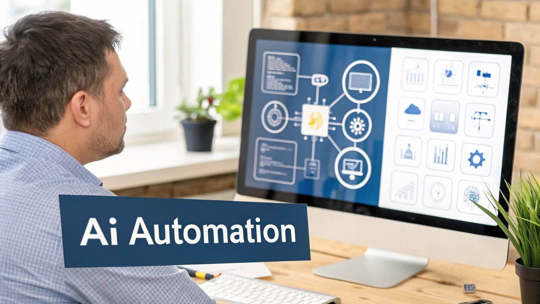 A man views a computer screen displaying AI automation concepts and various icons related to technology.