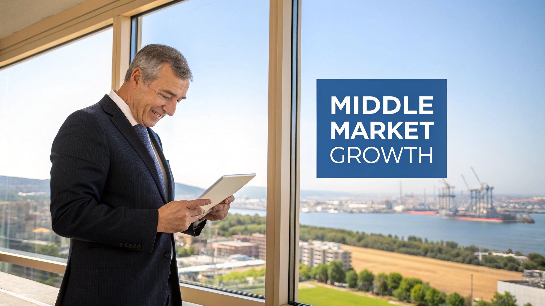 A smiling businessman in a suit uses a tablet by a large window, overlooking a city bay with text 'MIDDLE MARKET GROWTH'.