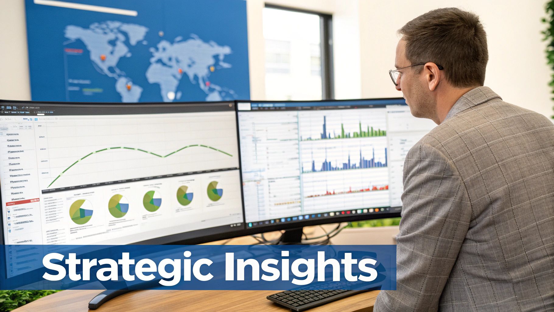 A man analyzes strategic insights on dual monitors displaying financial charts and a world map.